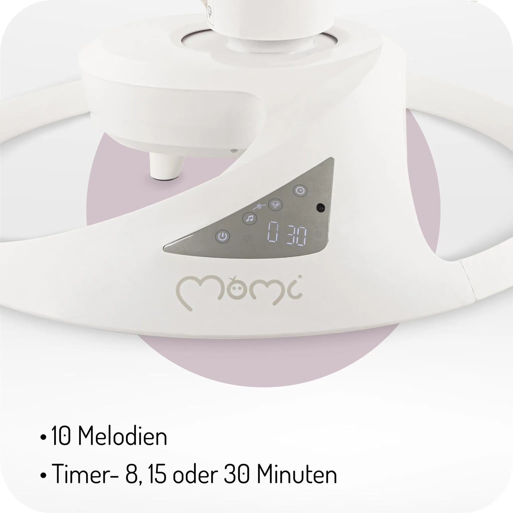 Ein weißer Babyschaukel-Motor mit digitalen Bedienelementen und dem Logo.