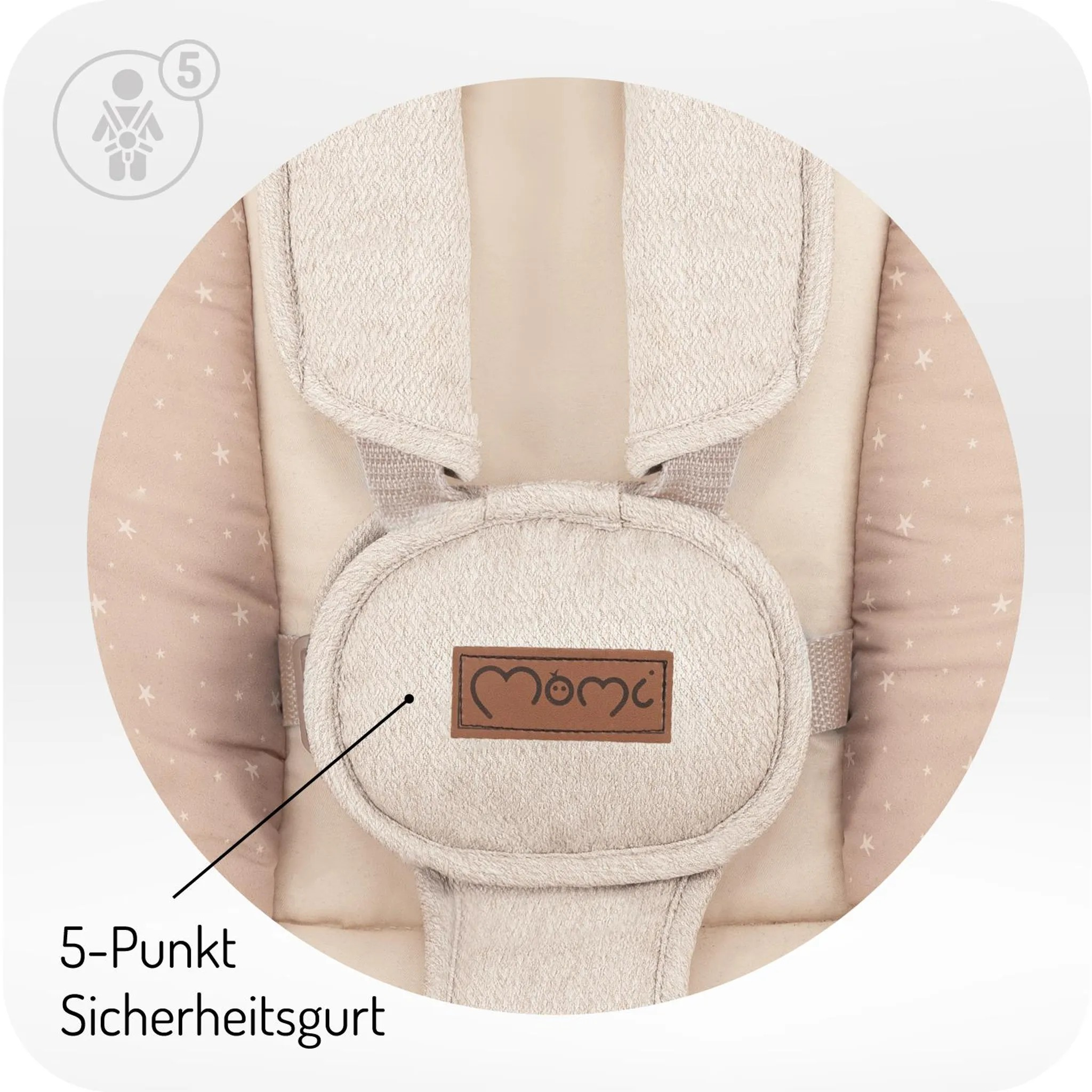 Ein Babygurt mit Sternenmuster und einem Logo mit der Aufschrift "Momi".