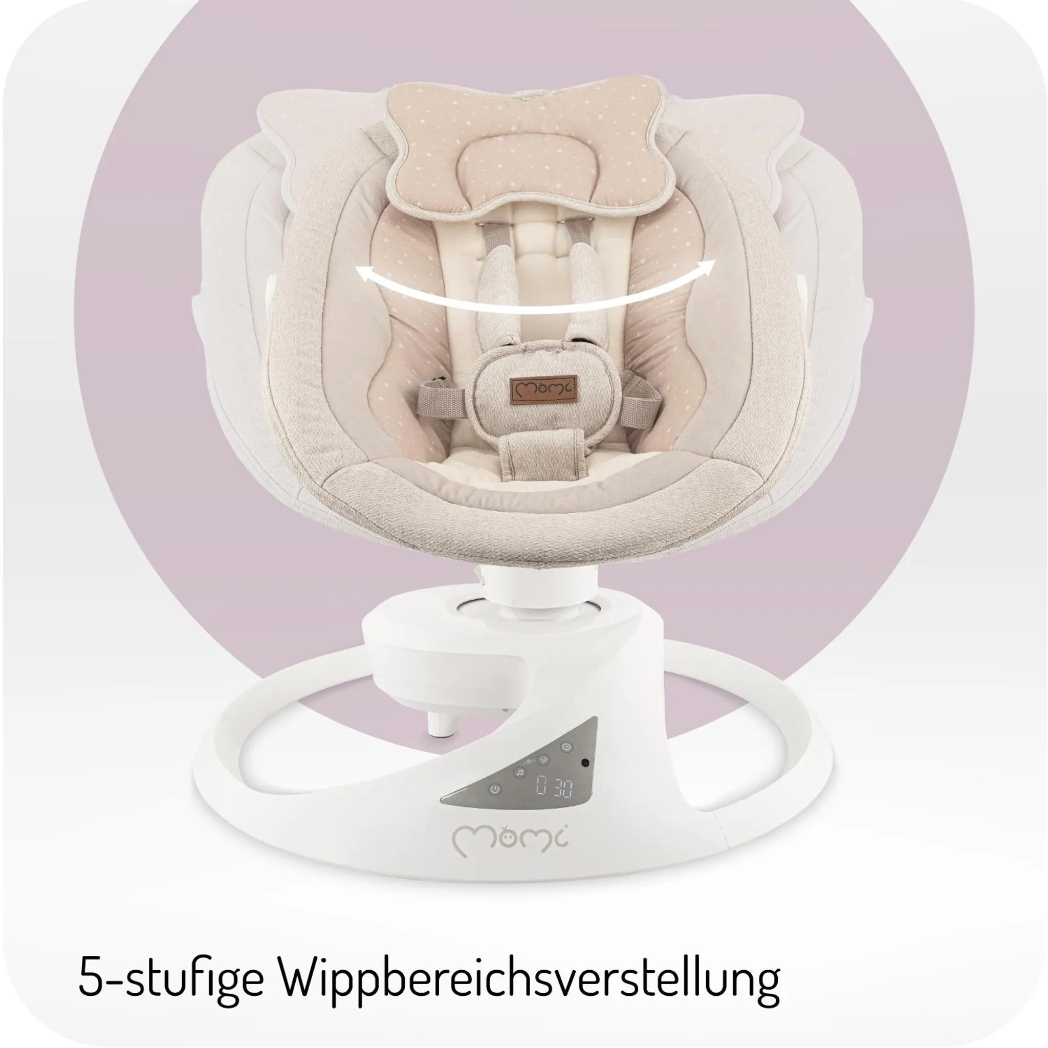 Ein beiger Babywippen mit Sternenmuster, mit einem digitalen Display.