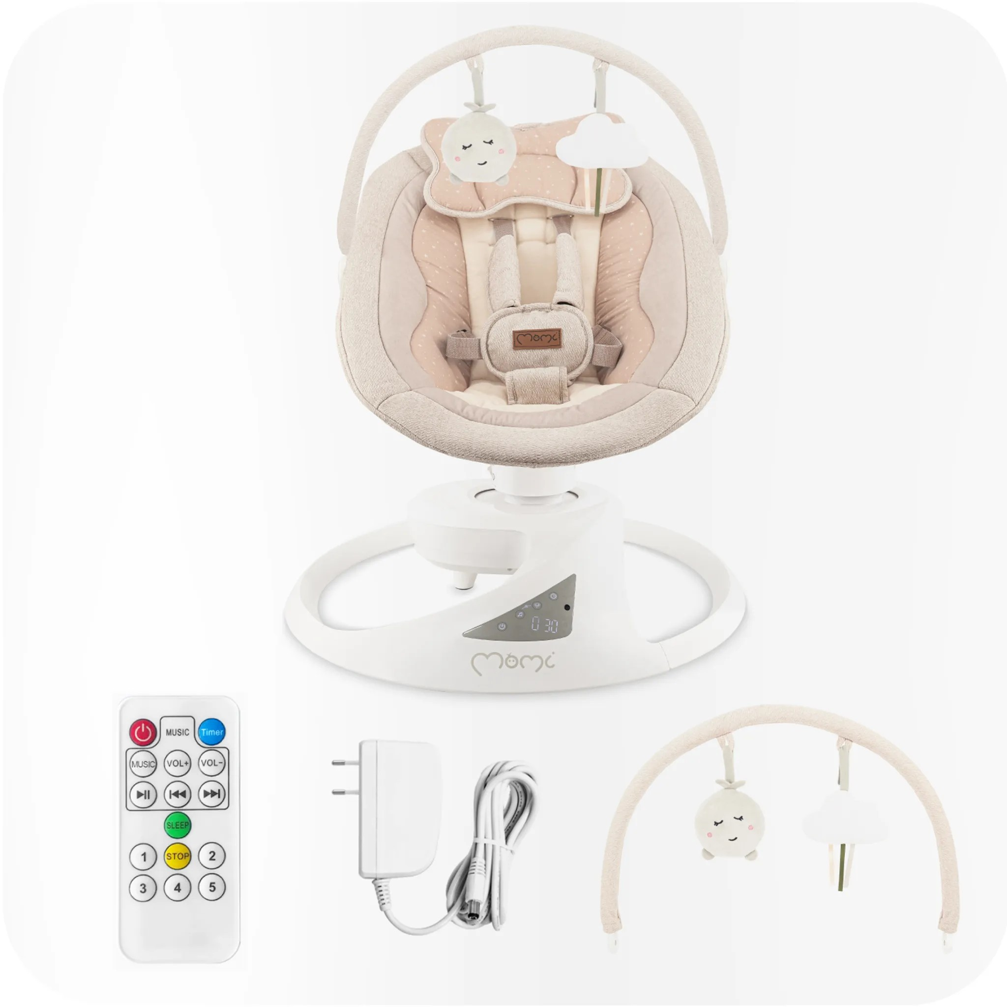 Ein Baby-Schaukelstuhl mit Fernbedienung, Netzteil und Spielbügel.