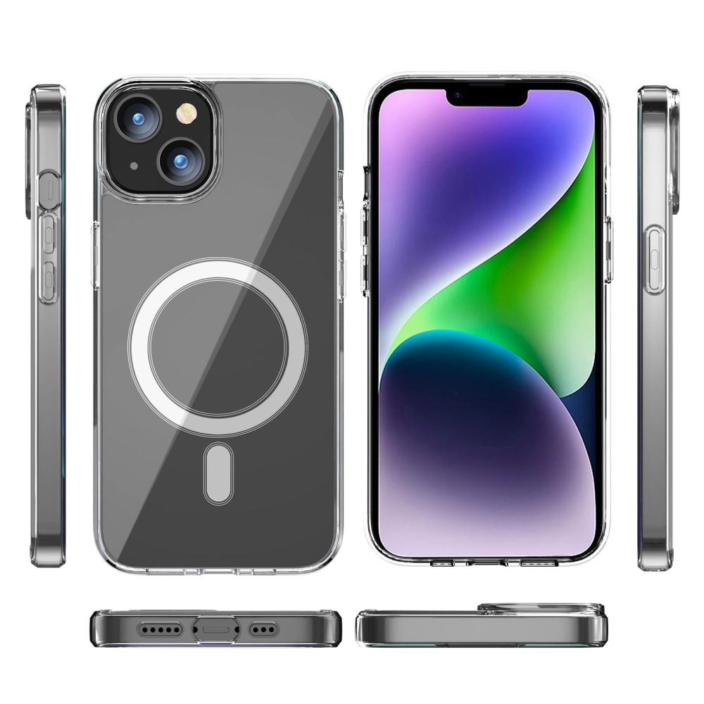 Custodia trasparente per iPhone vista da più angolazioni, con anello magnetico.
