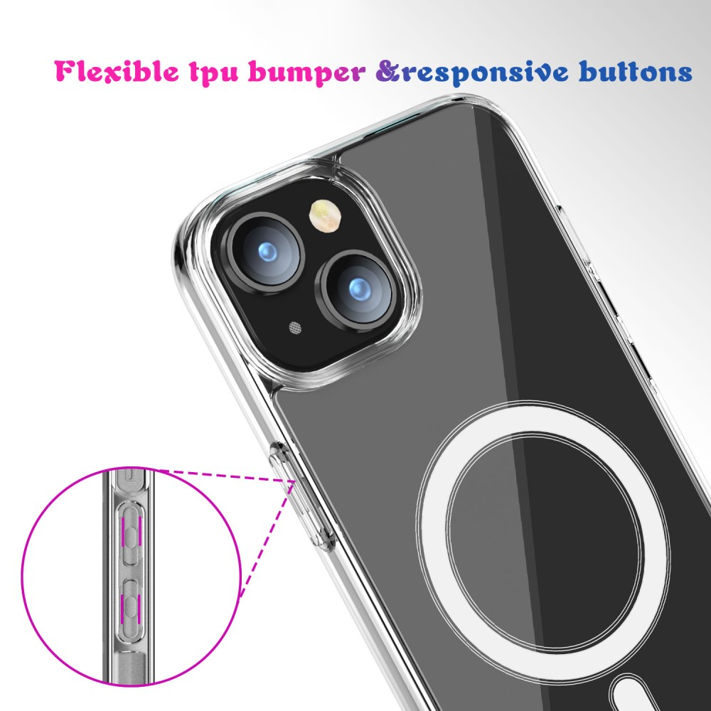 Custodia trasparente per telefono con fotocamera, anello magnetico e dettaglio pulsante.