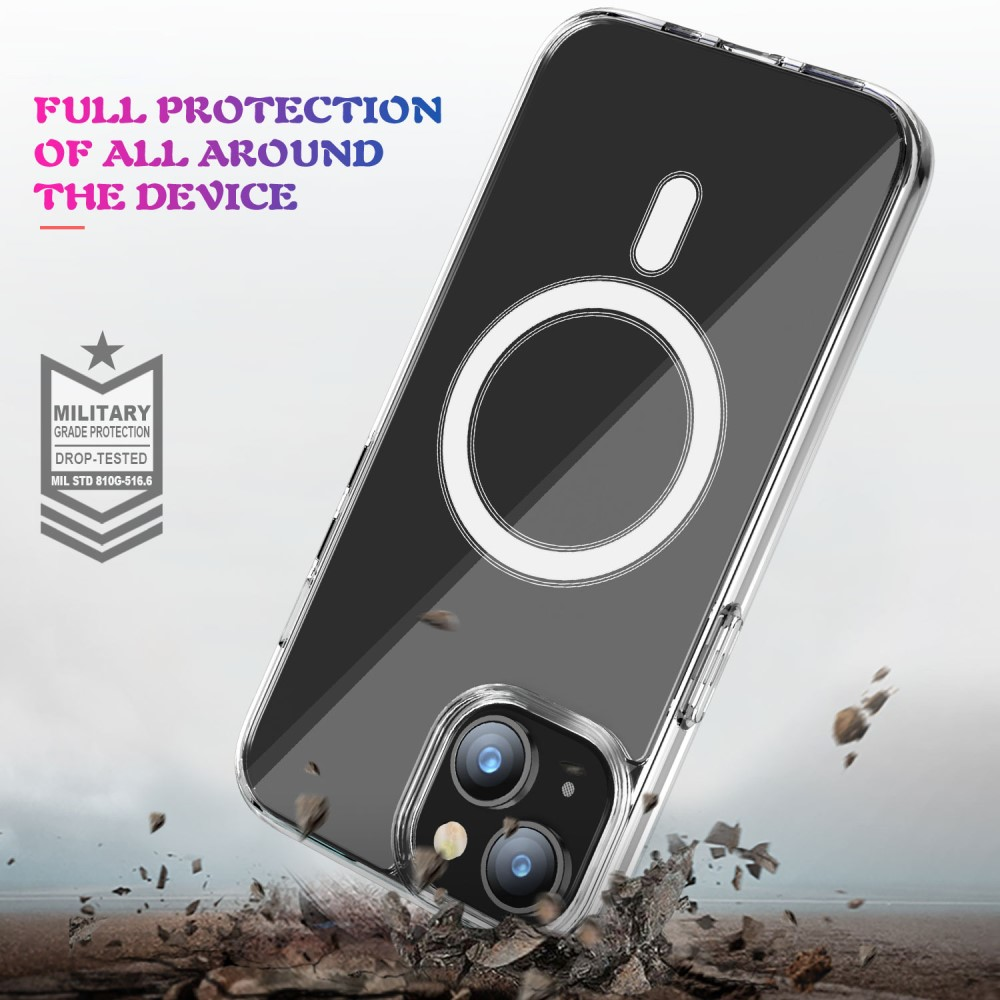 Custodia trasparente per telefono con anello magnetico, su terreno roccioso. Protezione militare.