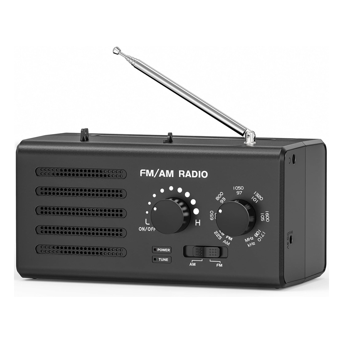 Ein schwarzes FM/AM-Radio mit ausziehbarer Antenne, Lautsprechergittern und Bedienelementen.