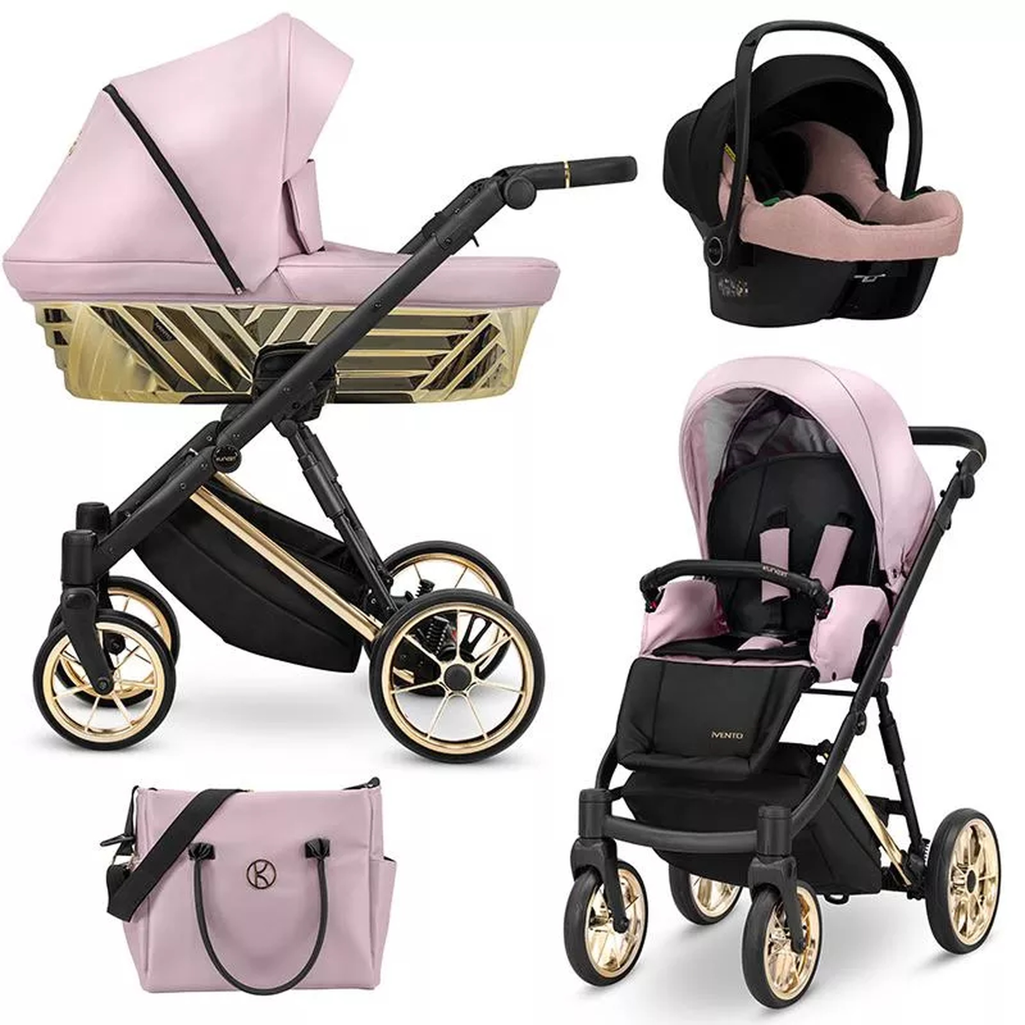 Ein rosa Kinderwagen mit goldenen Akzenten, dazu ein passender Autositz und eine Wickeltasche.