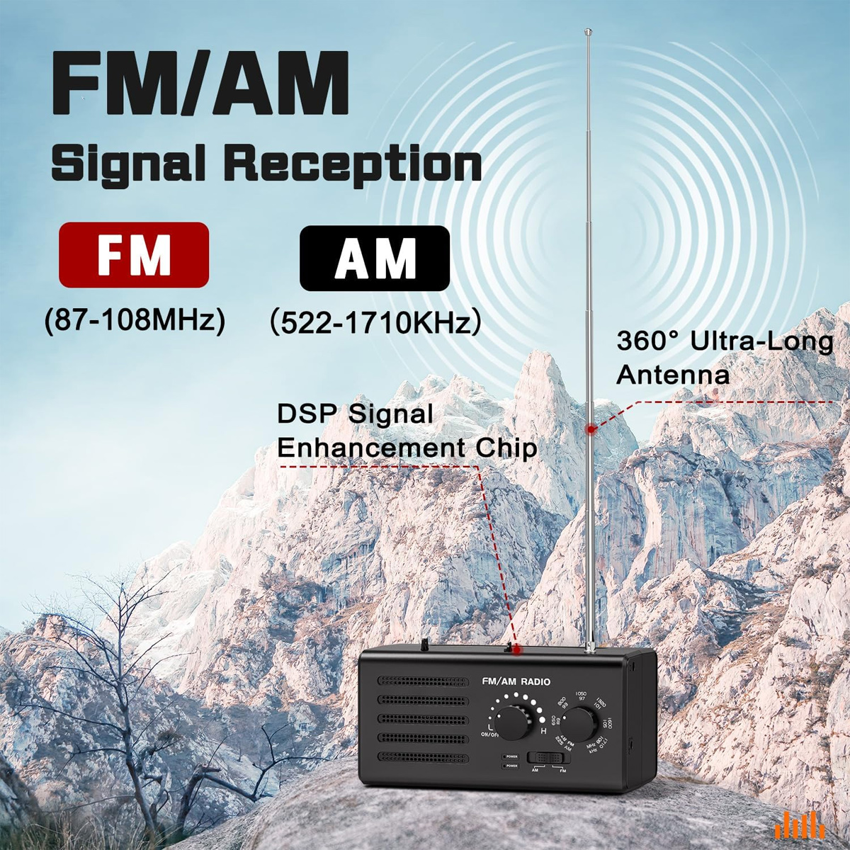 Ein schwarzes FM/AM-Radio mit ausgefahrener Antenne steht auf einem Felsen vor Bergen.