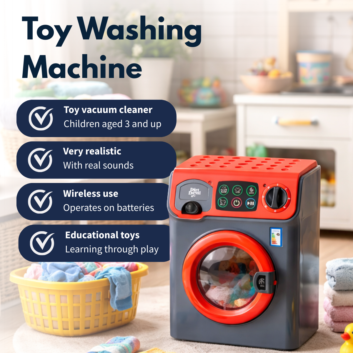 Toy washing machine with laundry basket and towels beside it.