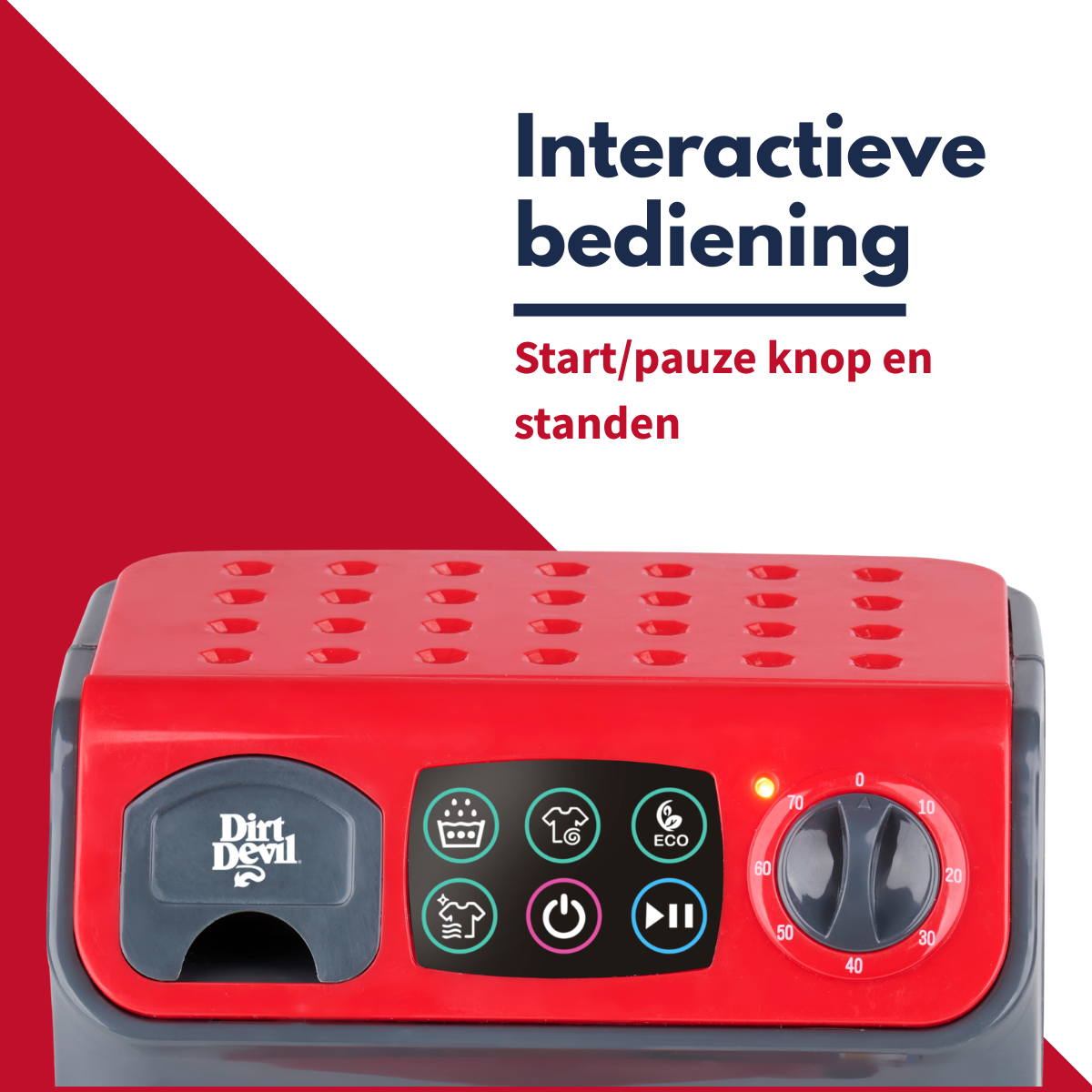 Red device with control panel: icons, power button, dial with numbers.