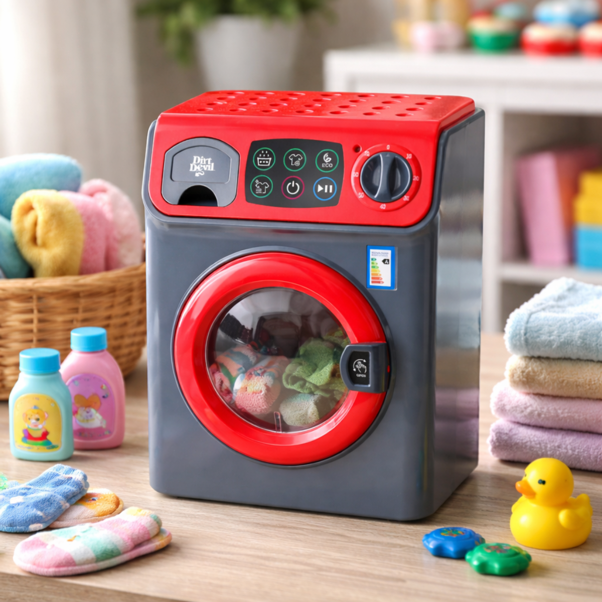 Toy washing machine with laundry inside, next to bottles, socks, and a duck.