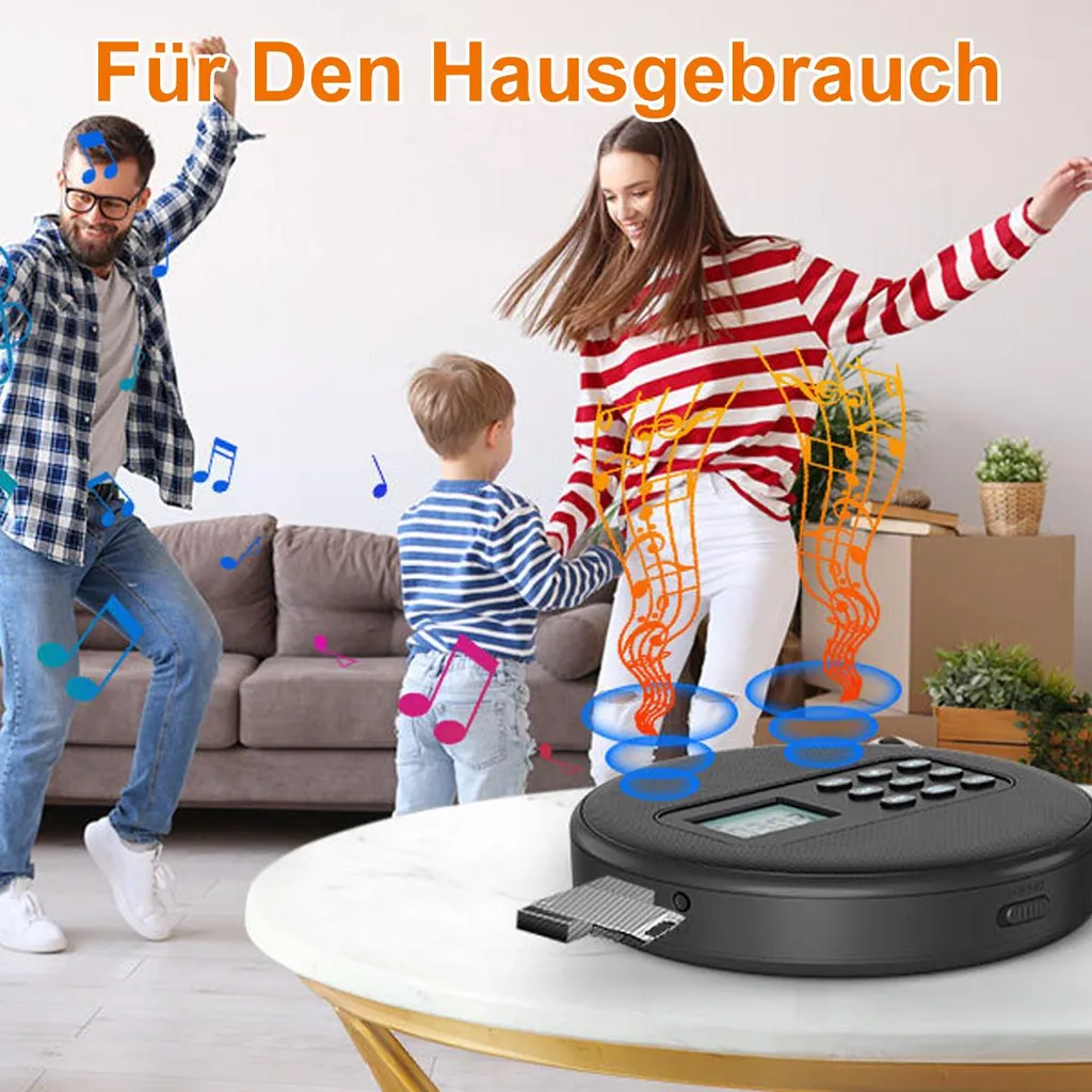 Familie tanzt zur Musik vom tragbaren Player. Text: Für den Hausgebrauch.