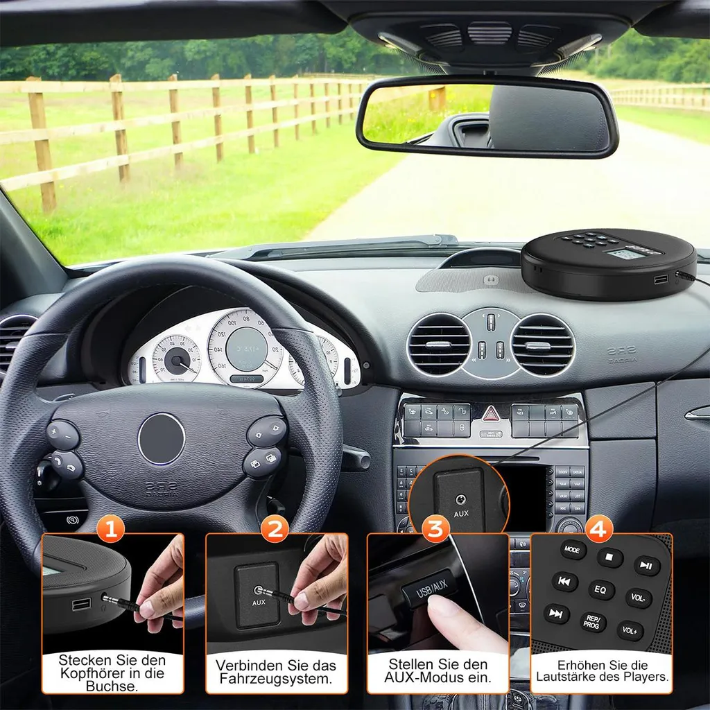 Bedienungsanleitung für einen tragbaren CD-Player im Auto, mit 4 Schritten, die Anschlüsse und Funktionen zeigen.