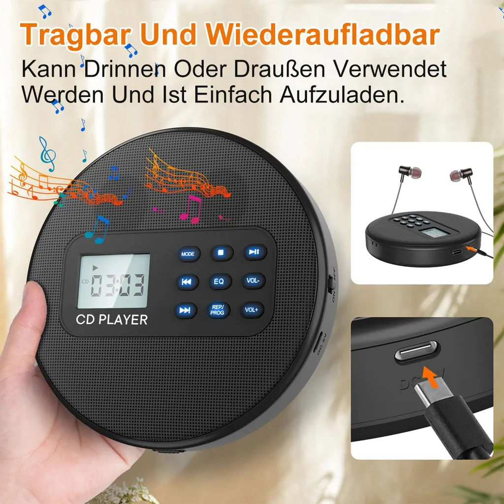 Schwarzer tragbarer CD-Player mit Kopfhörern und Ladeanschluss, zeigt 03:03.