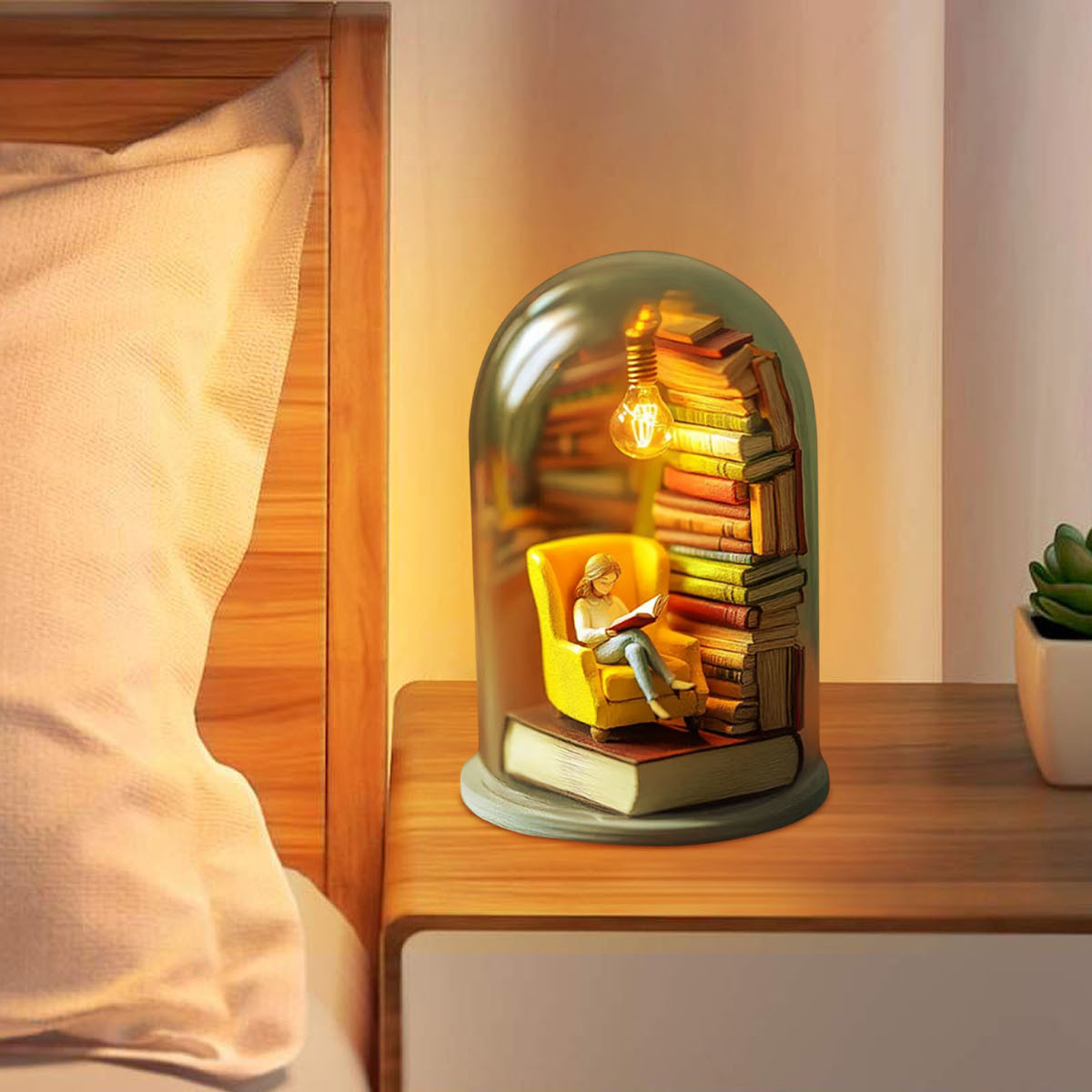 Kleine Figur liest in einem gelben Sessel unter einer Glaskuppel mit Büchern und Lampe.