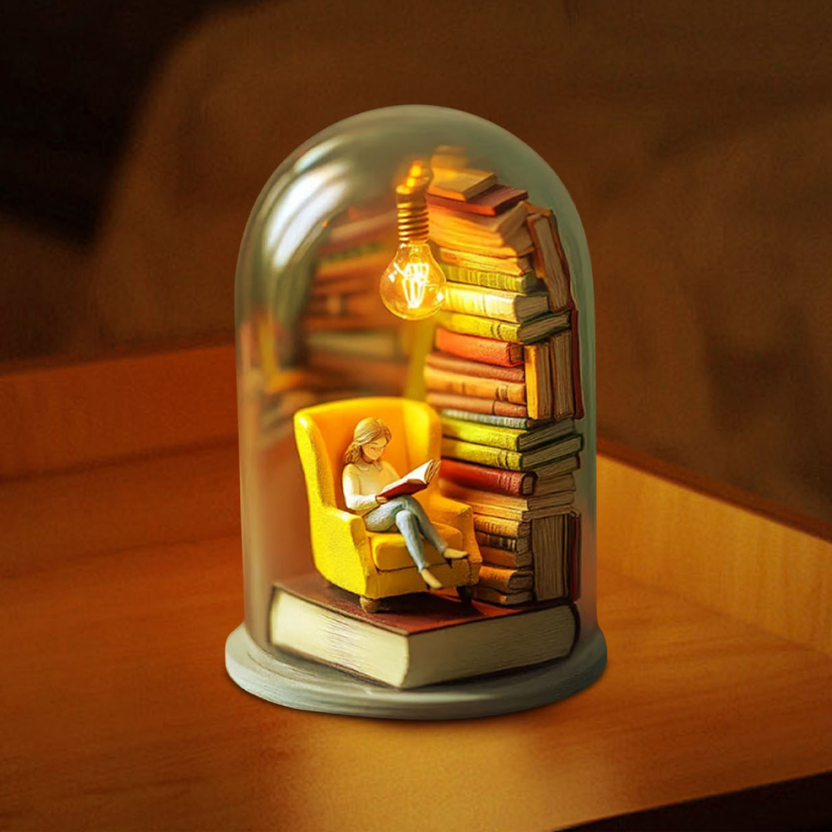Eine Miniaturfrau sitzt in einem gelben Sessel und liest ein Buch unter einer Glasglocke, nahe einem Bücherstapel und einer Glühbirne.