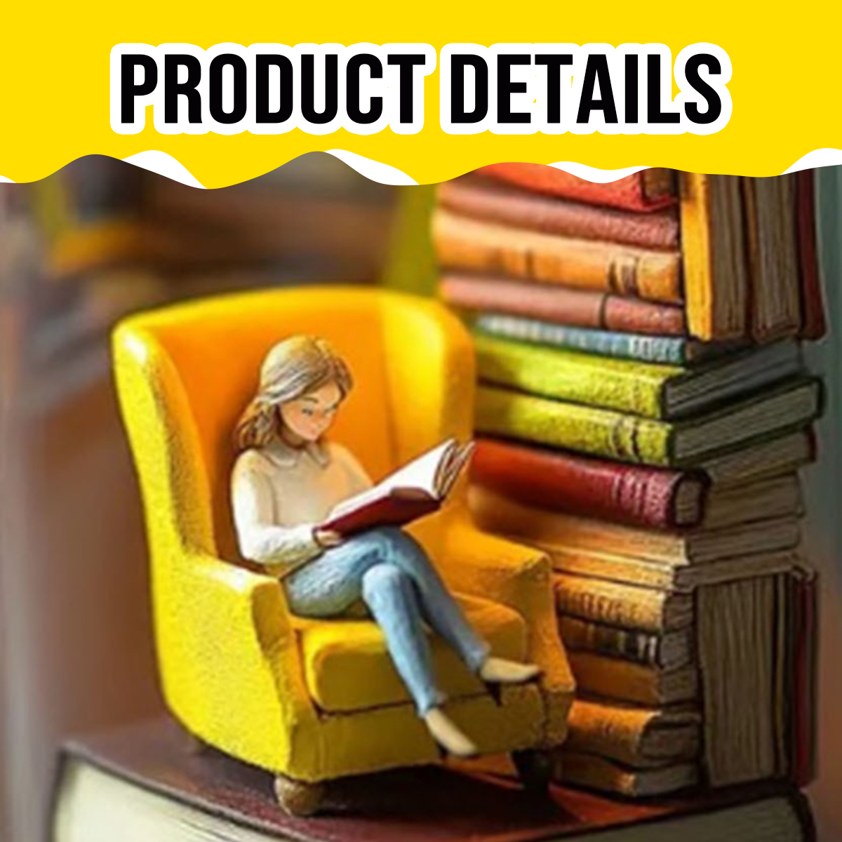 Eine Miniaturfigur einer Frau liest in einem gelben Sessel neben einem Bücherstapel.