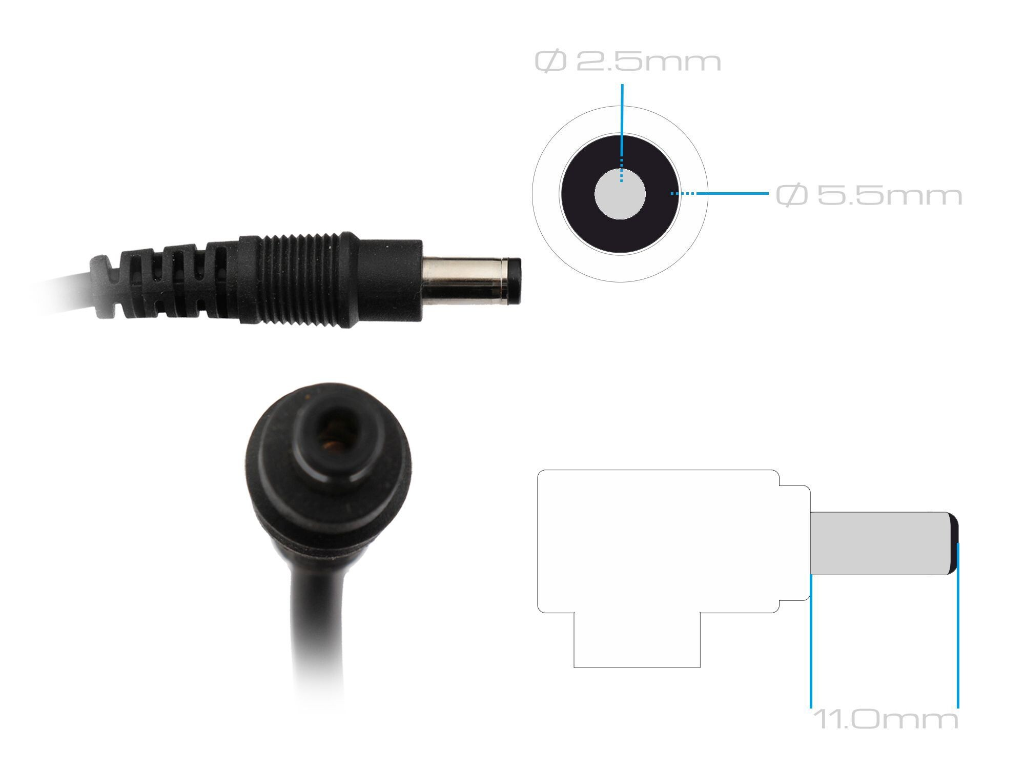 Technische Zeichnung eines DC-Steckeradapters mit Maßen.