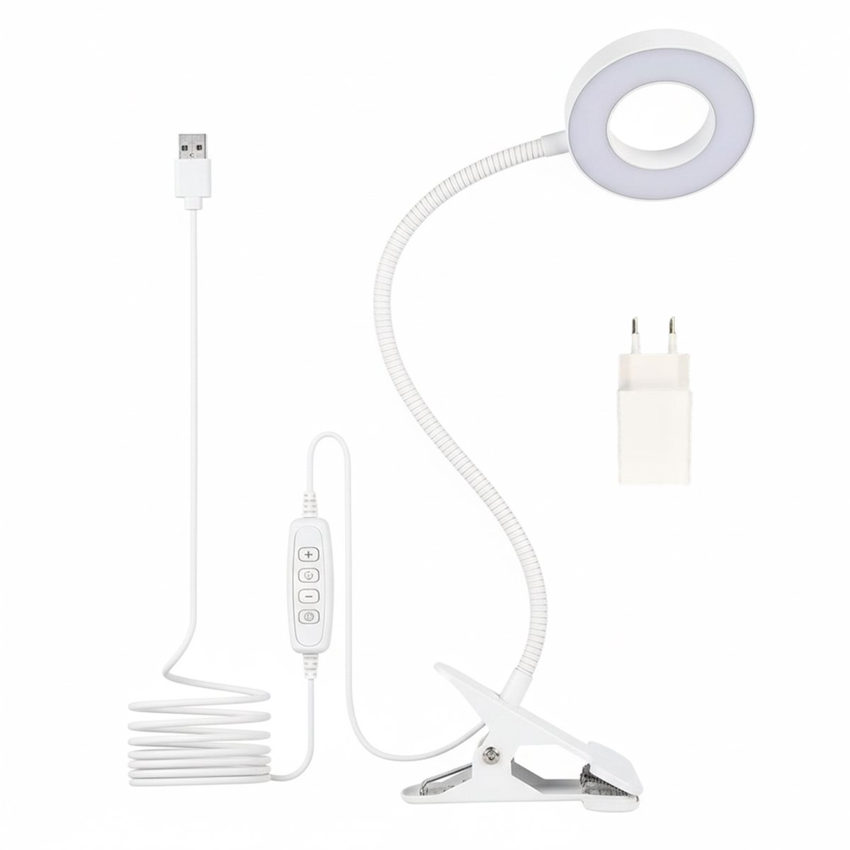 Weiße Klemmlampe mit USB-Kabel, Netzteil und Fernbedienung.