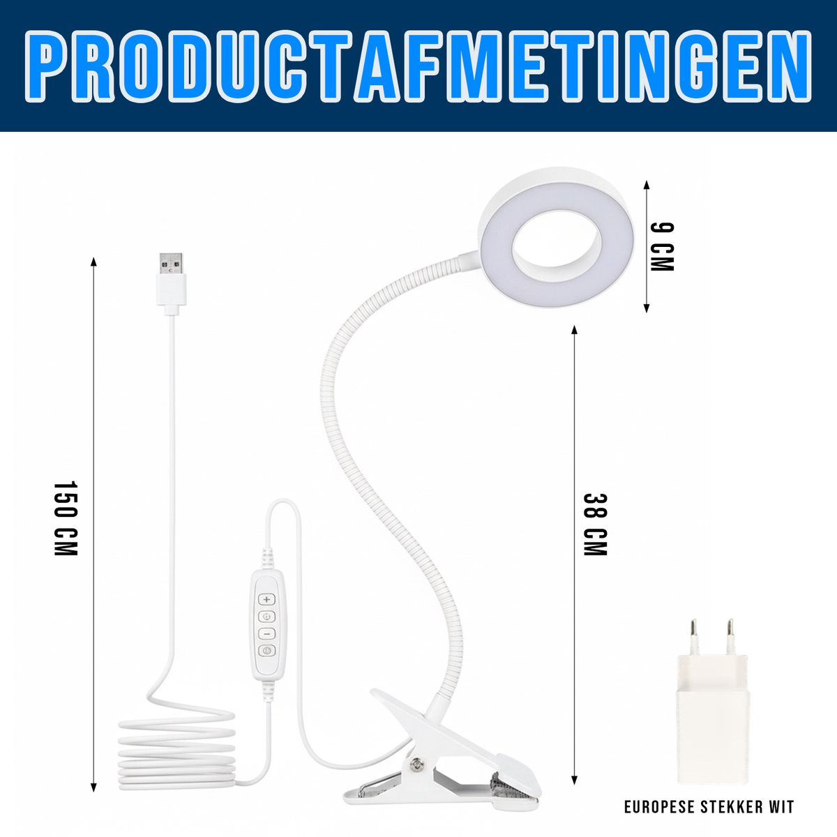 Weiße Klemmleuchte mit USB-Anschluss, flexibel, 150 cm Kabel, 38 cm Länge.