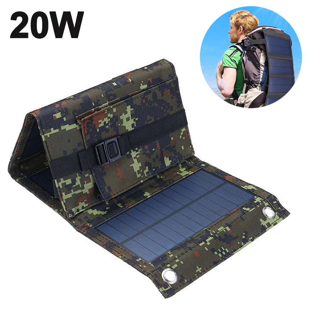 Gefaltetes 20W Solarpanel in Tarnmuster mit Schnalle. Mann mit Rucksack und Solarpanel im Kreis.