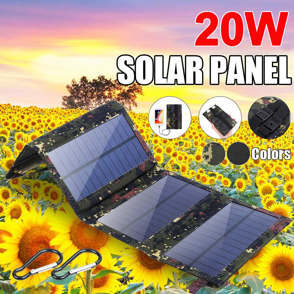 Ein aufklappbares 20W Solarpanel liegt vor einem Sonnenblumenfeld bei Sonnenuntergang.