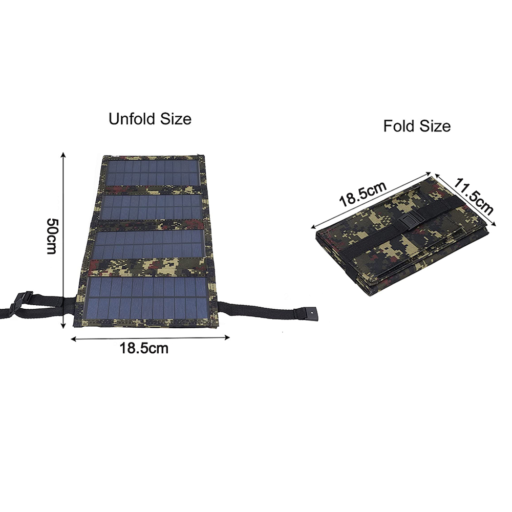 Entfaltete und gefaltete Solarpanel-Größen. Ungefaltete Maße: 50 x 18,5 cm.
