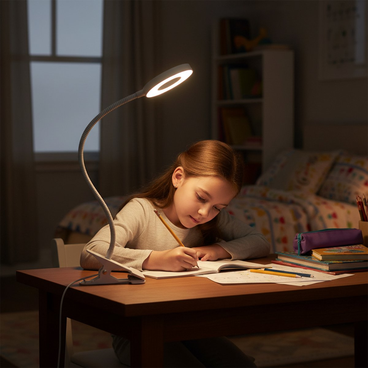 Ein Mädchen schreibt in ein Notizbuch an einem Schreibtisch, beleuchtet von einer Ringlampe. Bücher liegen daneben.