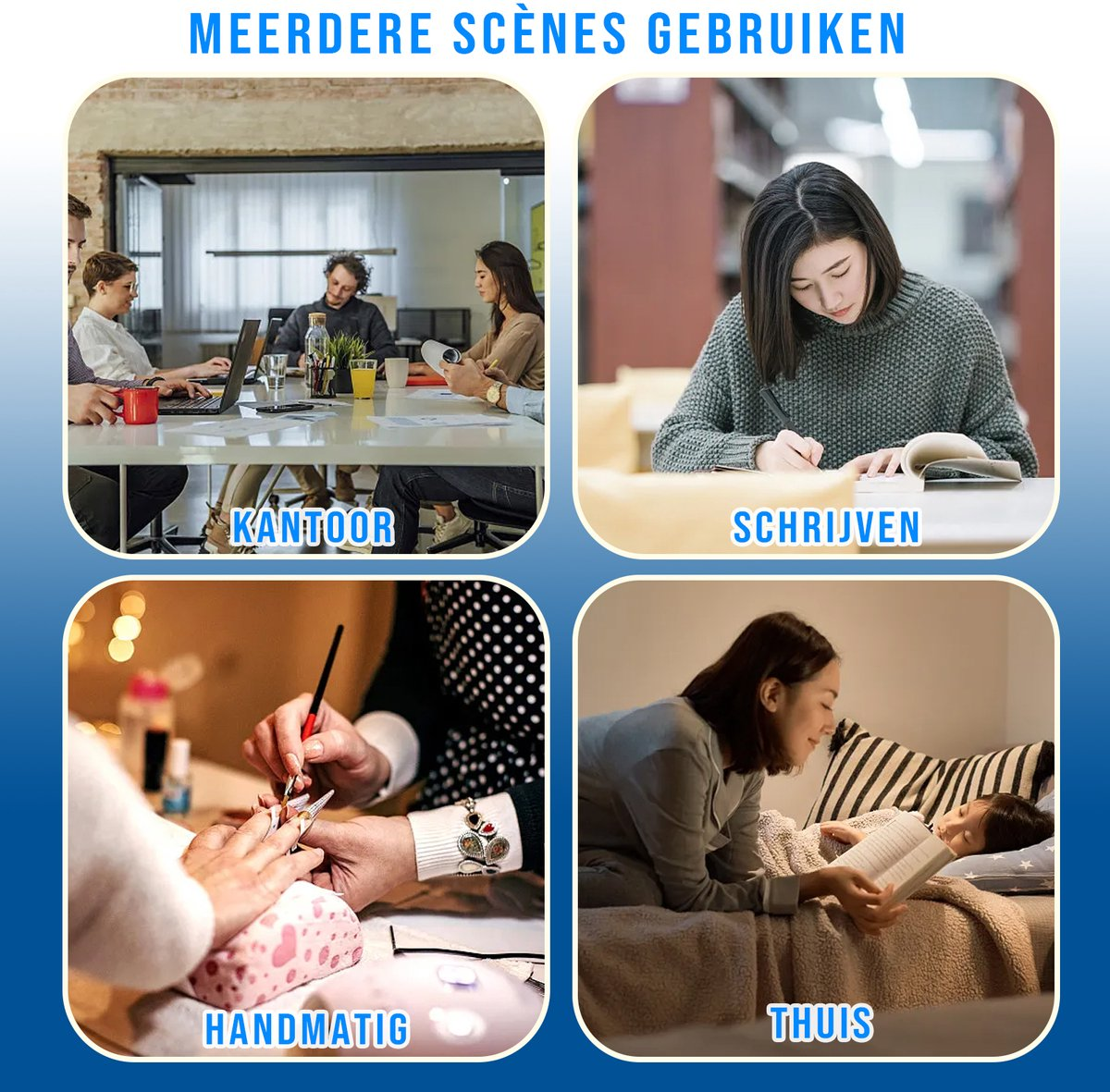 Vier Szenen: Büro, Schreiben, Maniküre, Vorlesen im Bett.