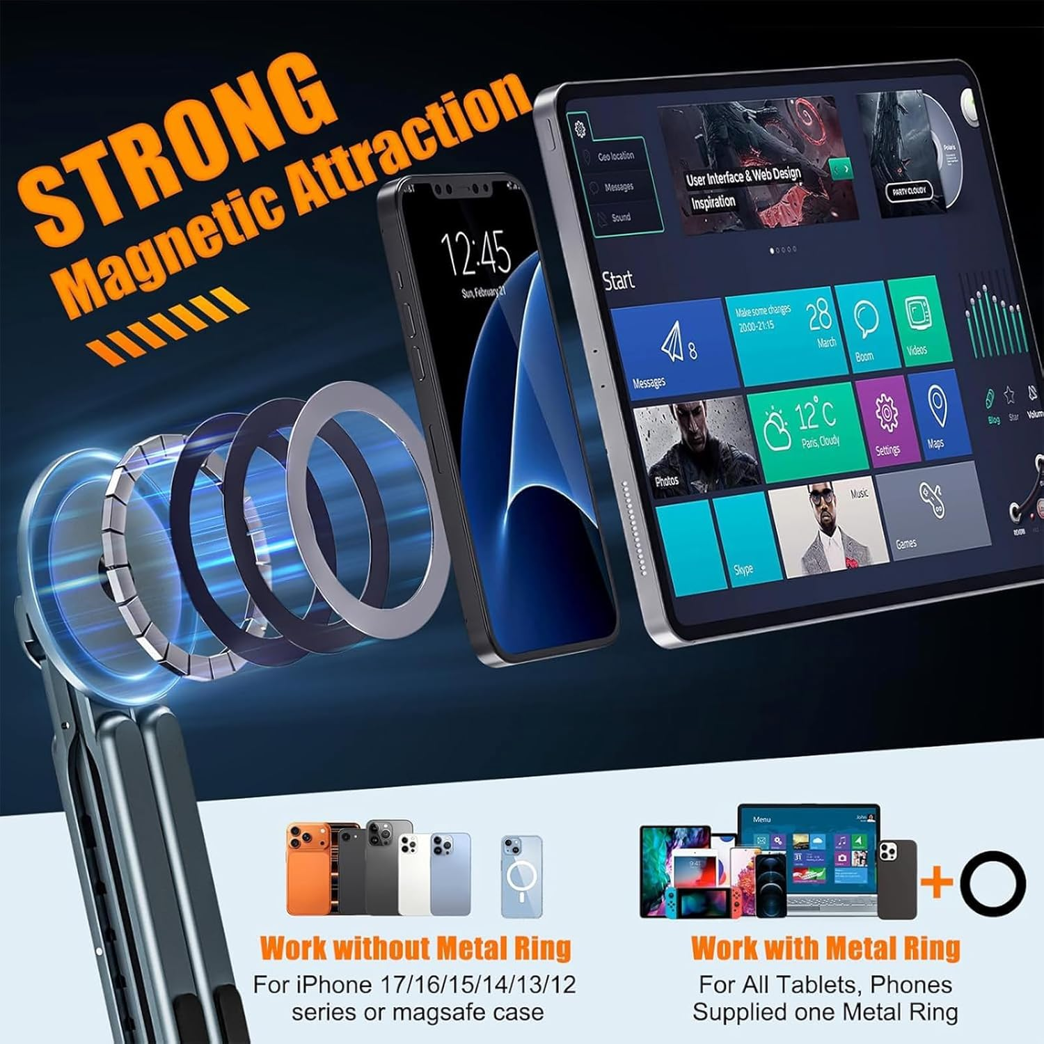 Starke magnetische Anziehung für Telefone und Tablets, mit Zubehör.