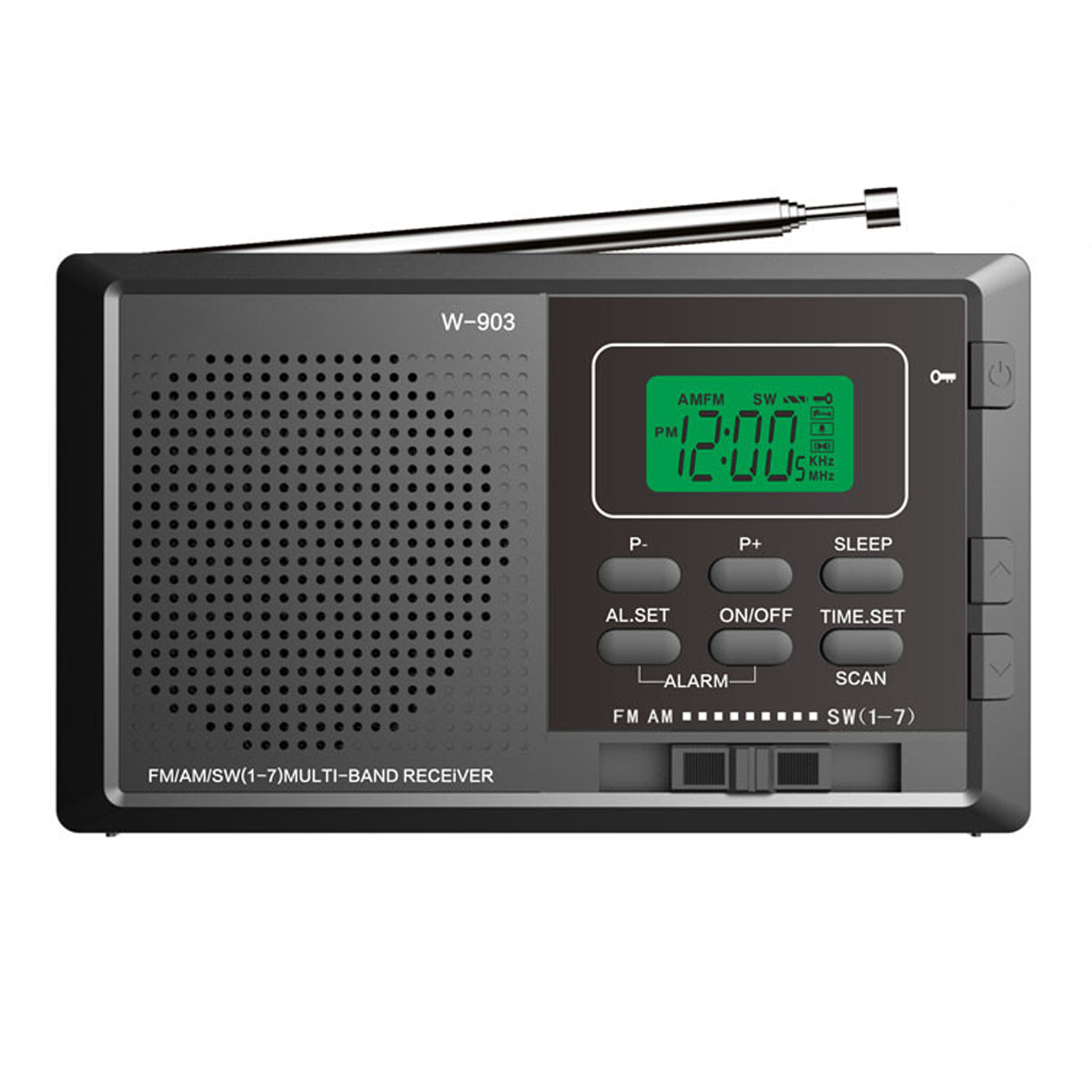 Ein schwarzes Radio mit ausfahrbarer Antenne und digitaler Anzeige.
