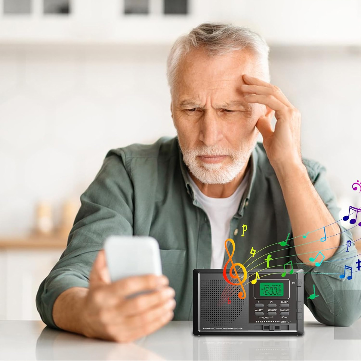 Ein älterer Mann mit Handy und Radio schaut besorgt.