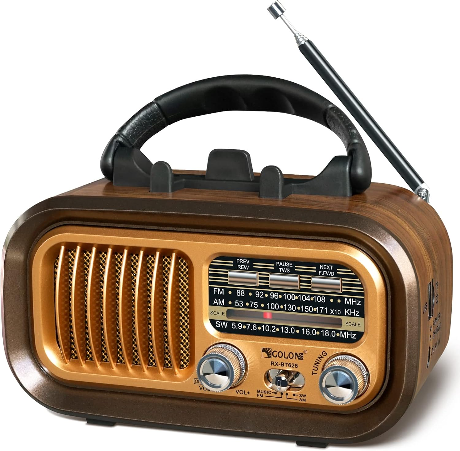Ein Vintage-Radio aus Holz mit goldenem Lautsprechergrill und ausziehbarer Antenne.