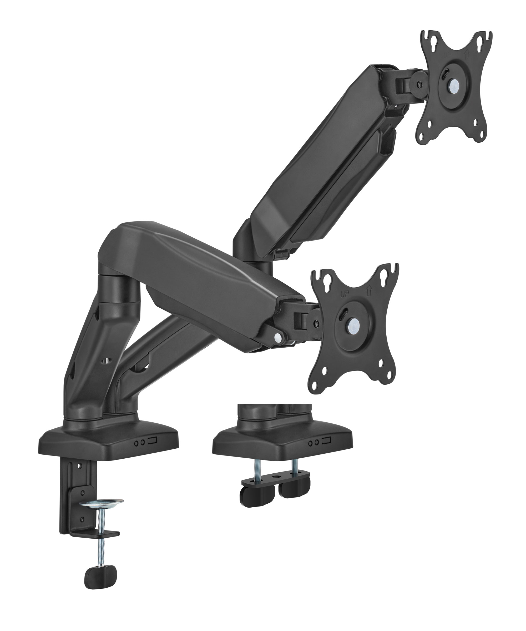 Ein schwarzer Monitorarm mit zwei Halterungen und Klemme.