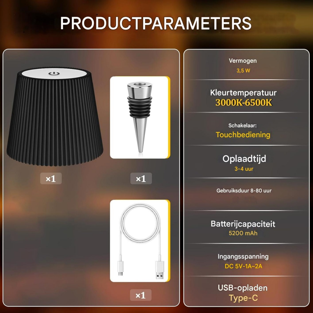 Produktparameter-Übersicht: schwarze Lampe, Flaschenverschluss, USB-Kabel. Spezifikationen: 3,5W, 3000K-6500K, Touch.
