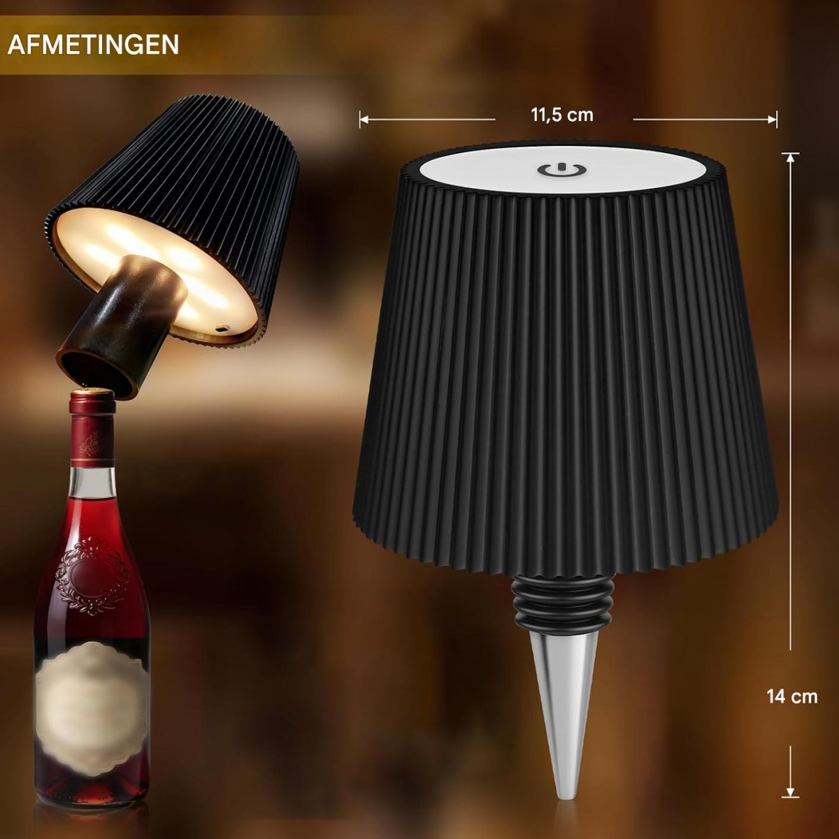 Schwarzer Flaschenverschluss mit LED-Lampe, 11,5 x 14 cm.