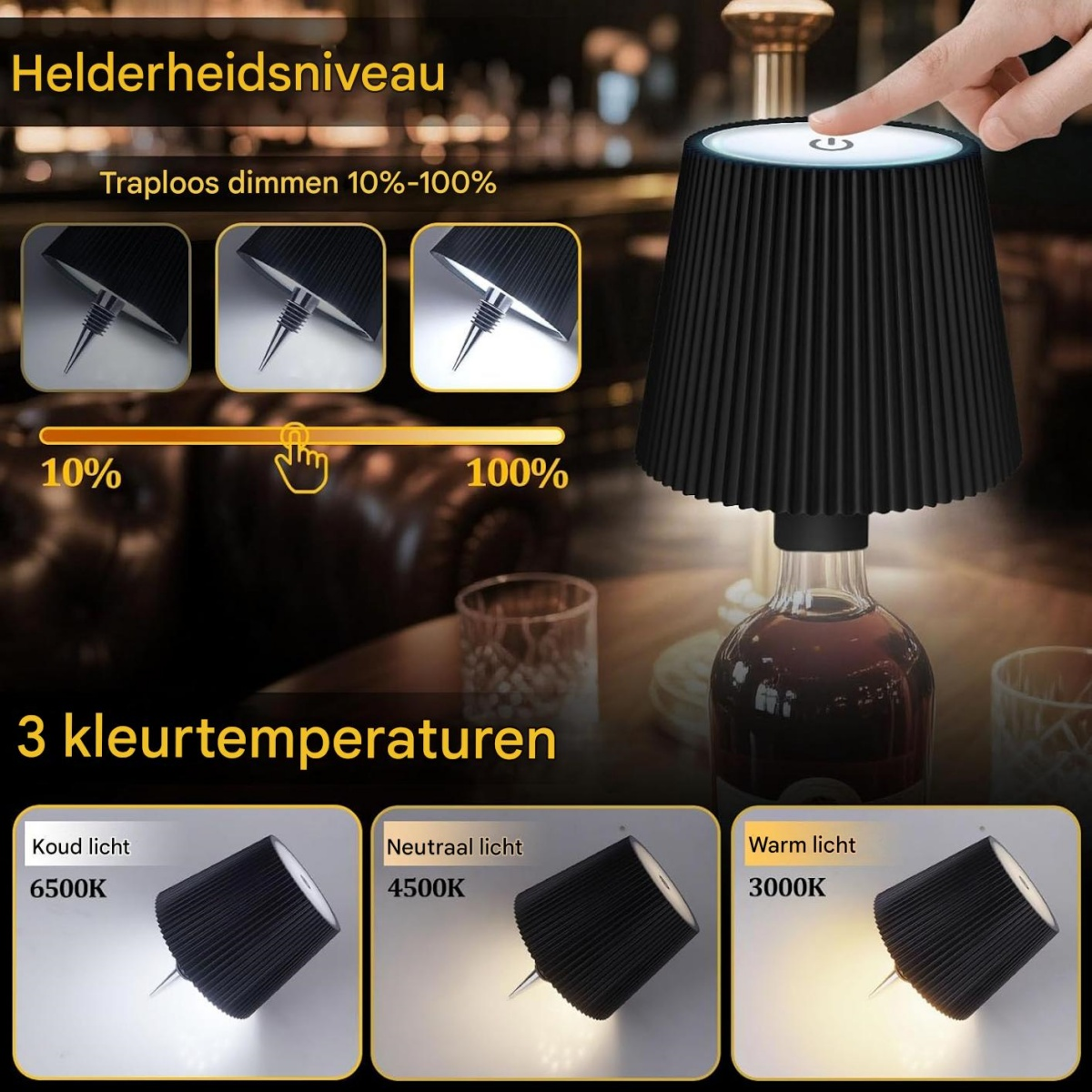 Eine Lampe auf einer Flasche, mit Helligkeits- und Farbtemperaturoptionen.