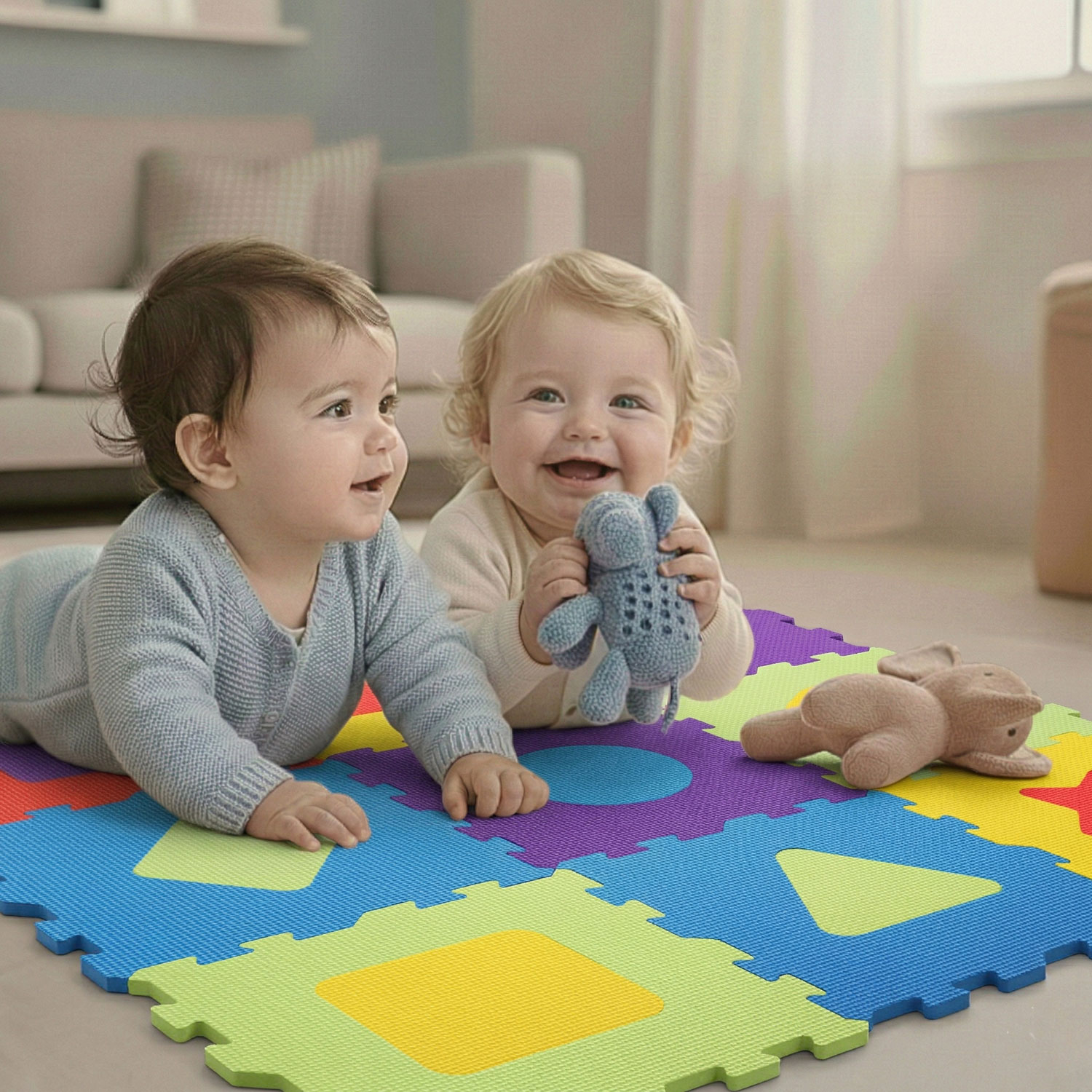 Zwei Babys liegen auf einer bunten Spielmatte mit Spielzeug.