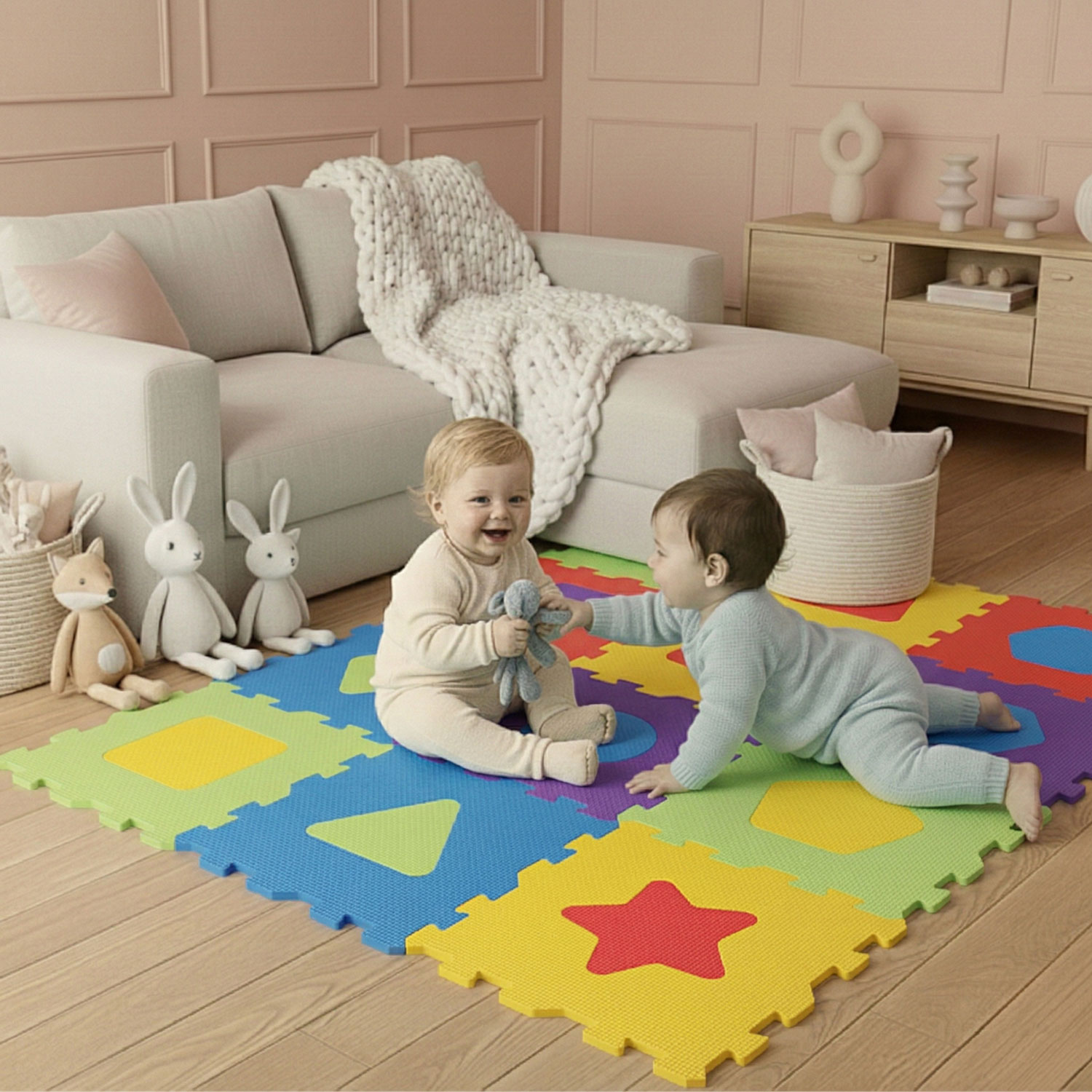Zwei Babys spielen auf einer bunten Schaumstoffmatte im Wohnzimmer.