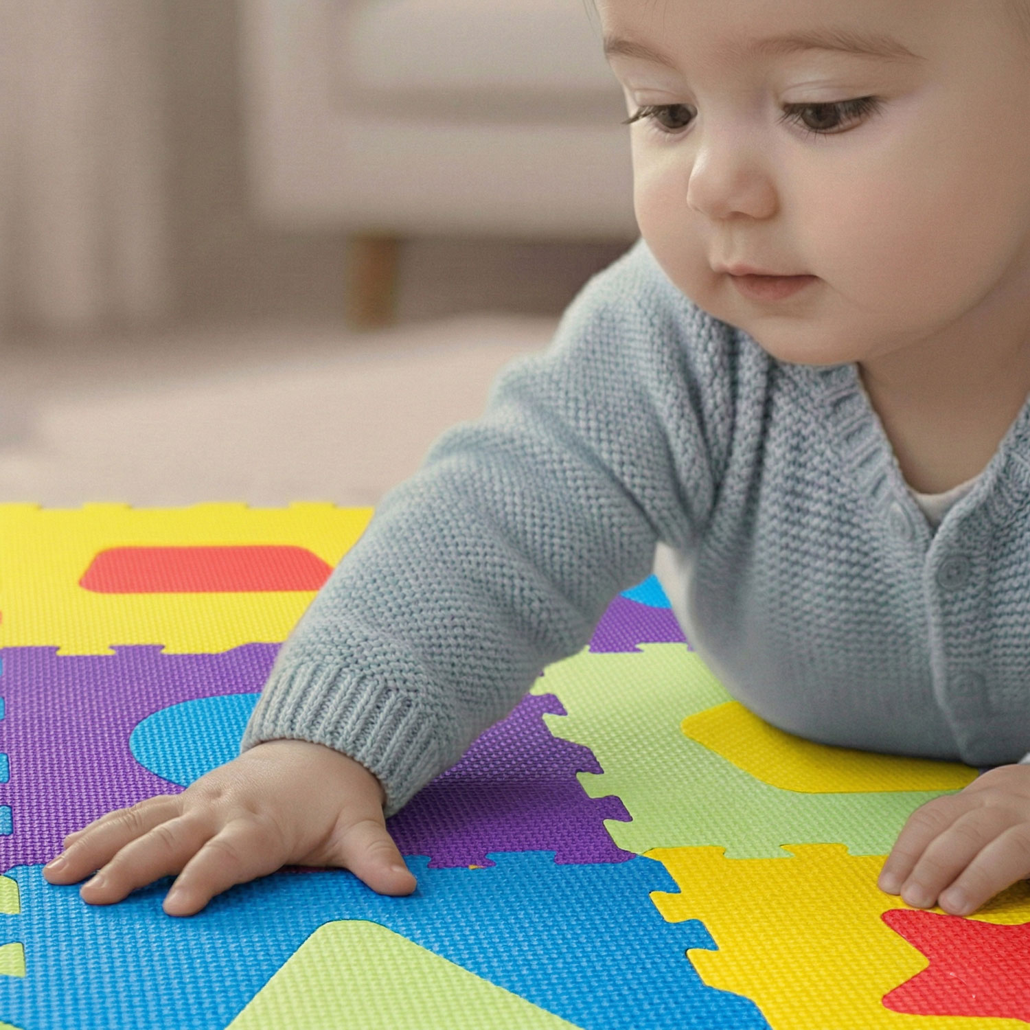 Ein Baby in einem blauen Pullover krabbelt auf einer bunten Puzzlematte.