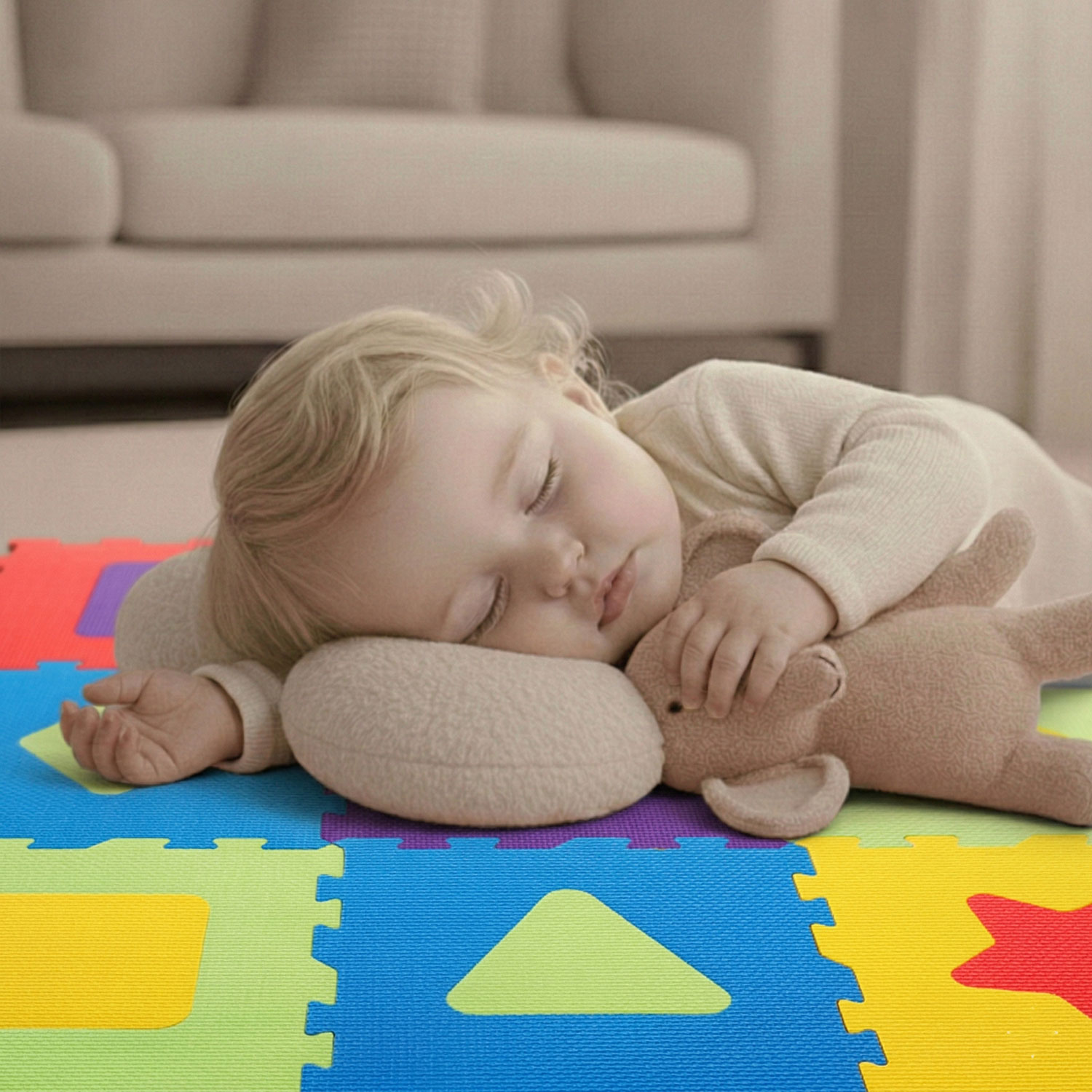 Ein Baby schläft auf einer bunten Puzzlematte und umarmt einen Teddybär.