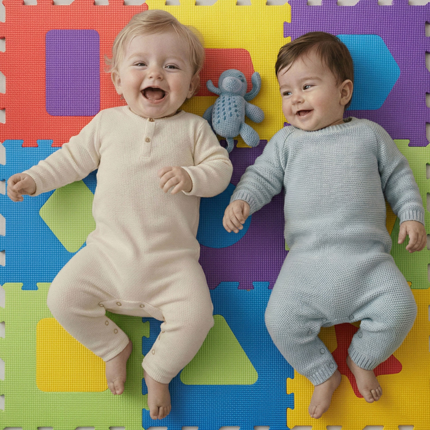 Zwei Babys liegen auf einer bunten Matte und lachen. Eines trägt einen cremefarbenen Anzug, das andere einen hellblauen.