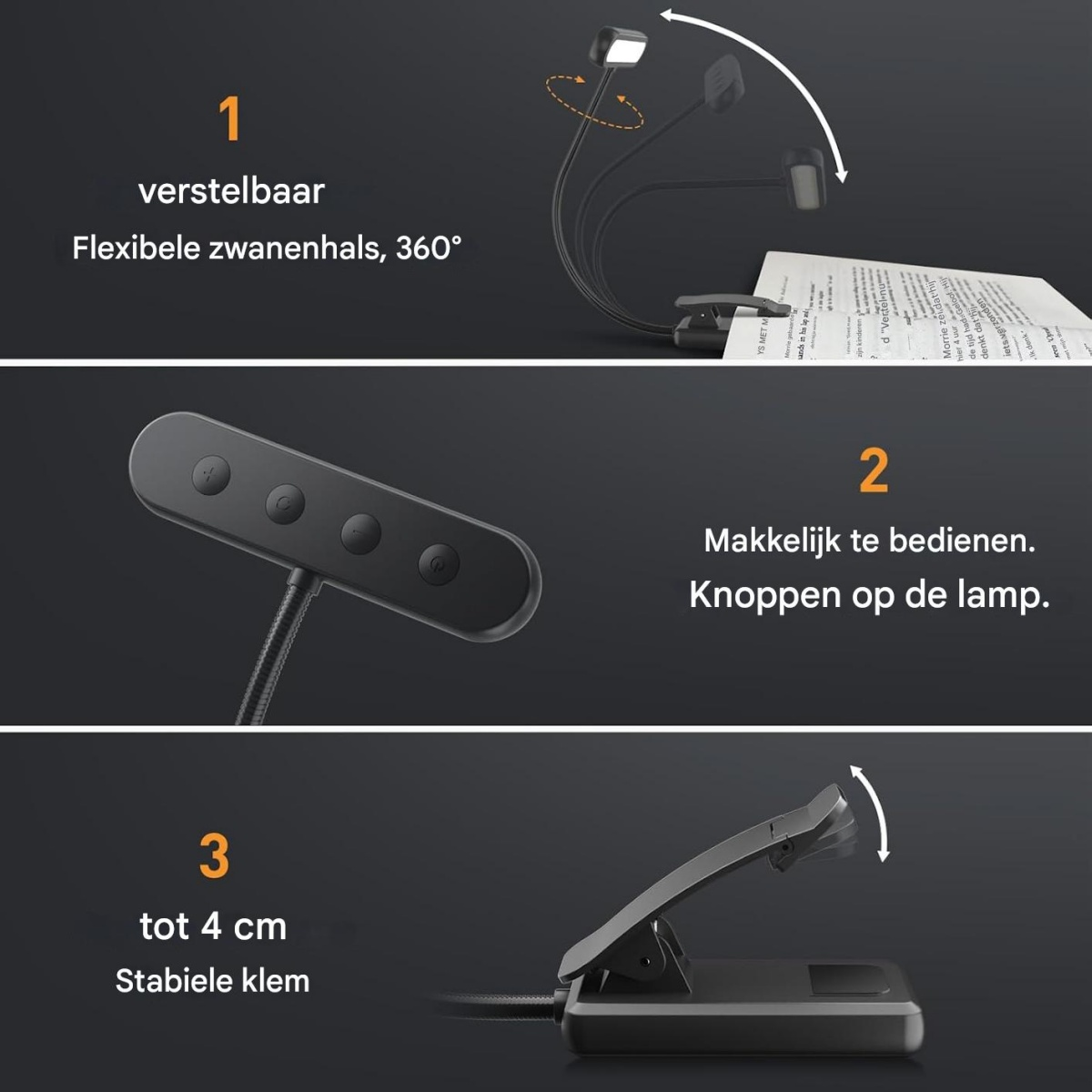 Verstellbare Leselampe mit 360° flexiblem Schwanenhals, Tasten und Klemme.