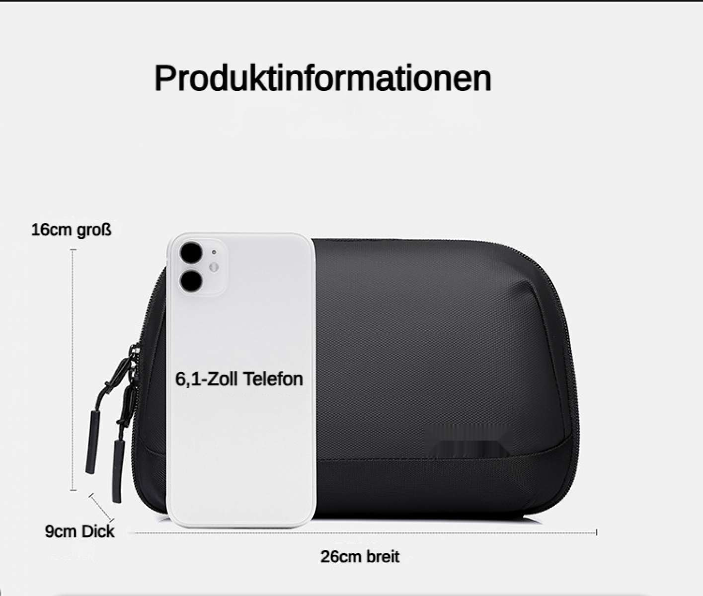 Ein weißes Telefon neben einer schwarzen Tasche, Maße werden angezeigt.