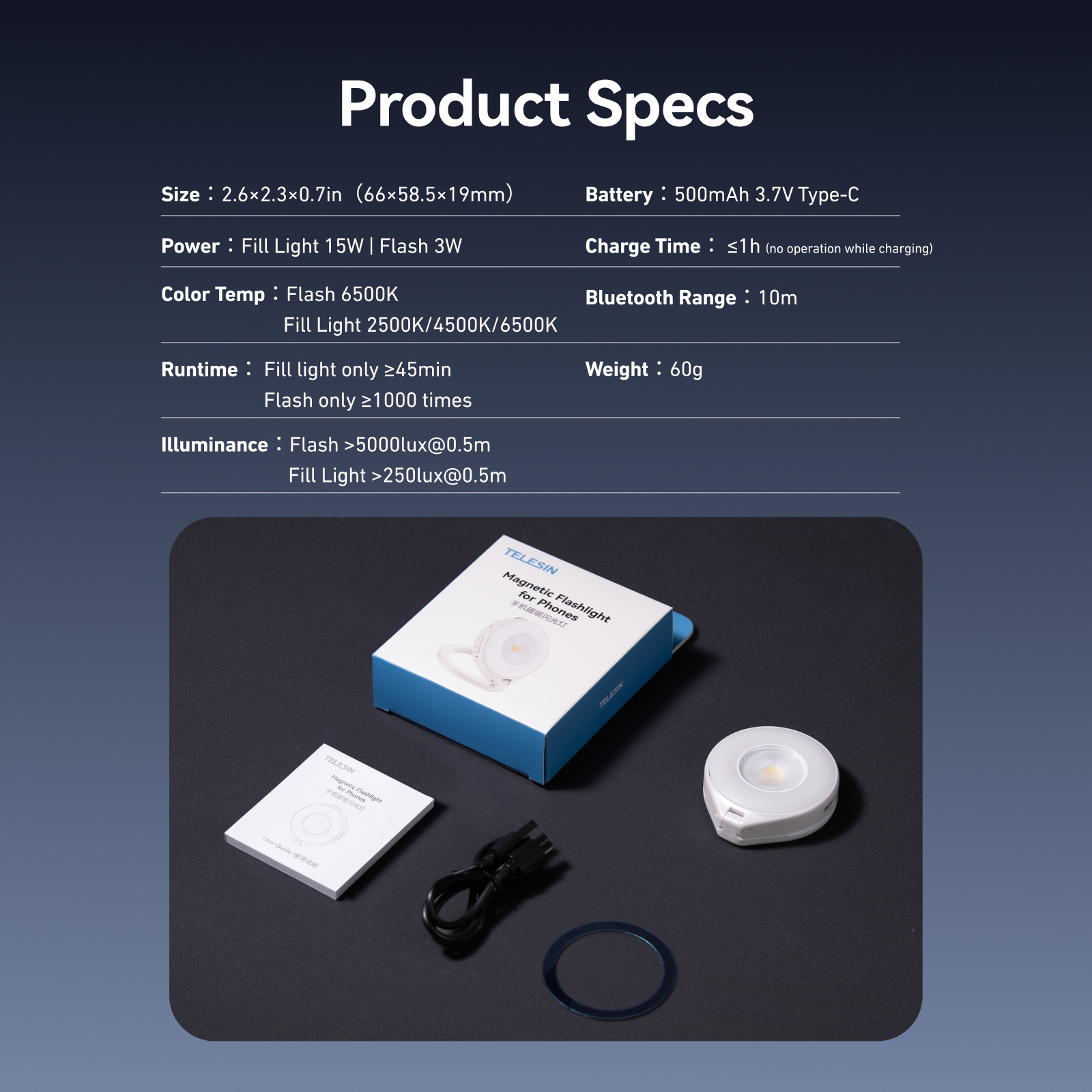 Productspecificaties voor een magnetische telefoonflitser met accessoires.