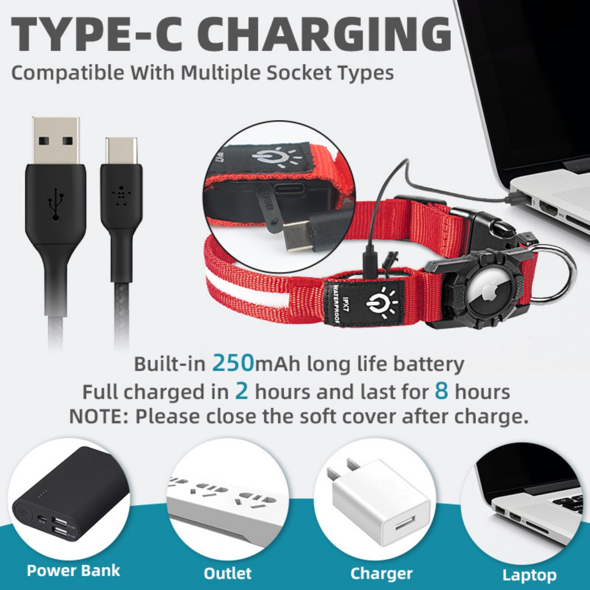 Typ-C Ladekabel, rotes Halsband, Powerbank, Steckdose, Ladegerät, Laptop.