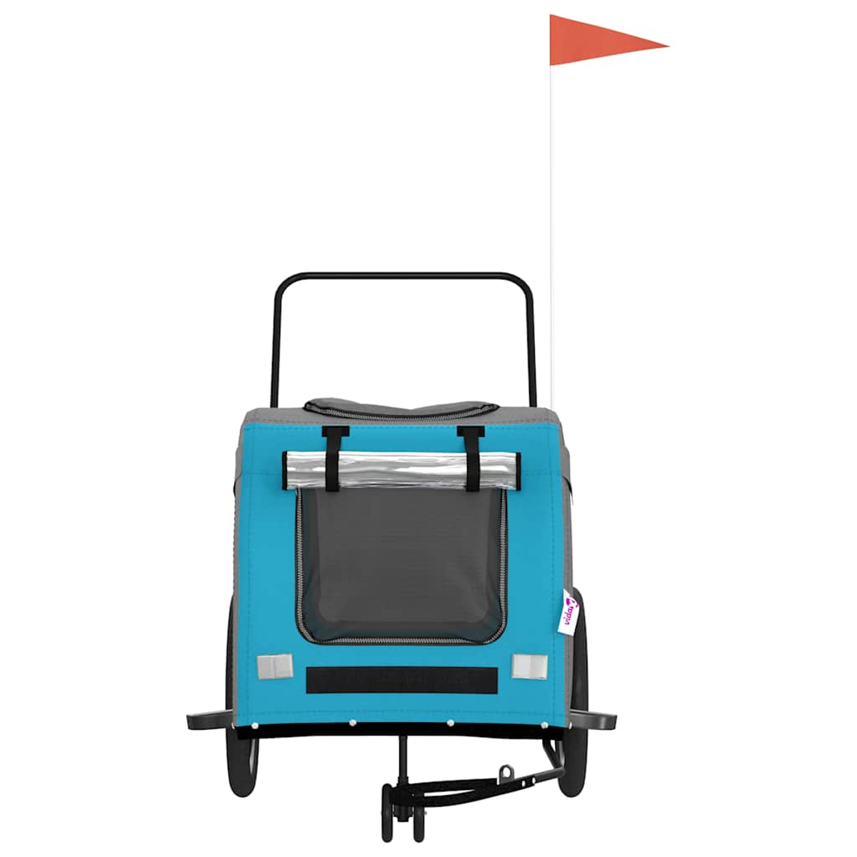 Ein blauer Hundewagen mit einem orangen Fähnchen auf einem weißen Mast.