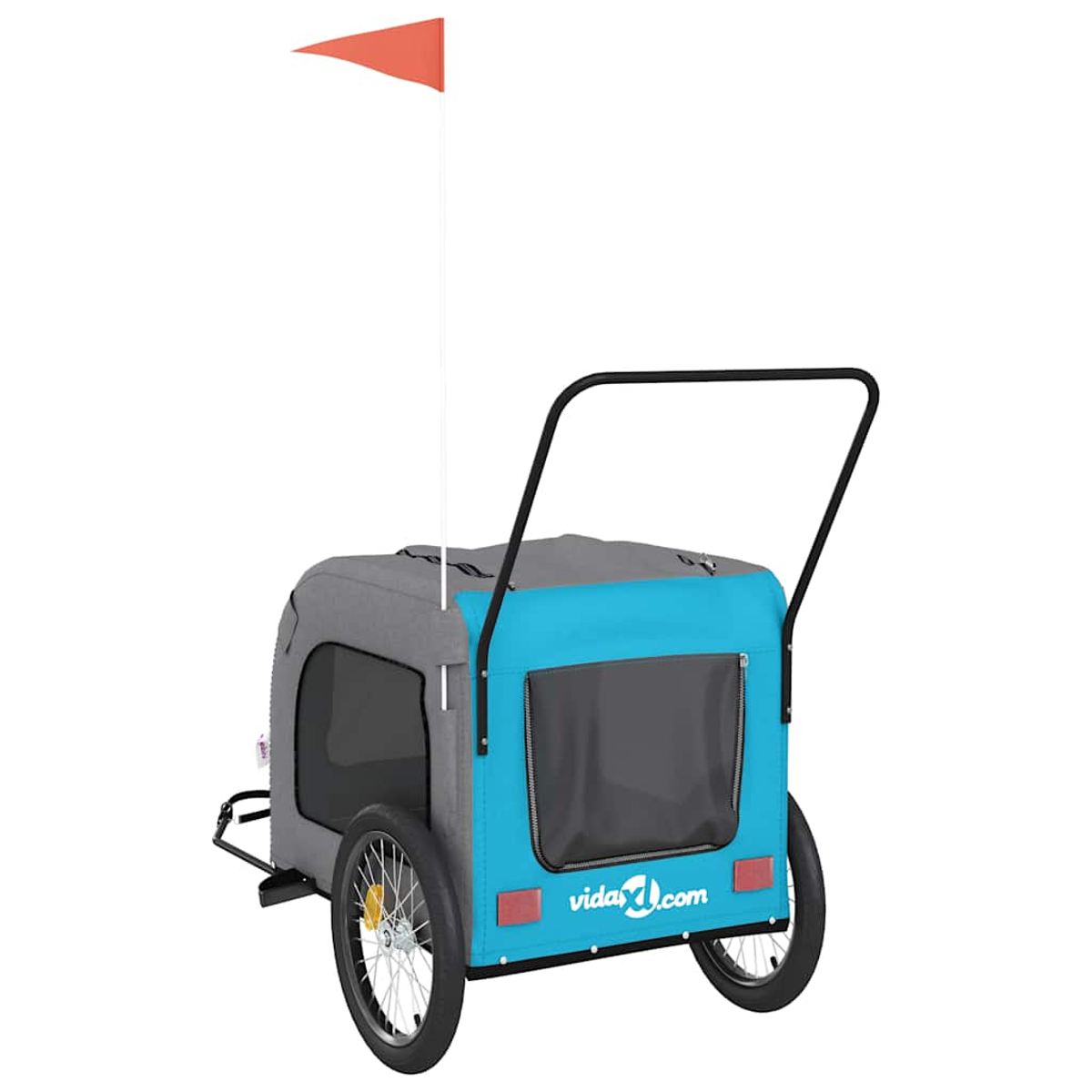Ein blauer und grauer Fahrradanhänger für Haustiere mit Rädern und einem orangefarbenen Wimpel.