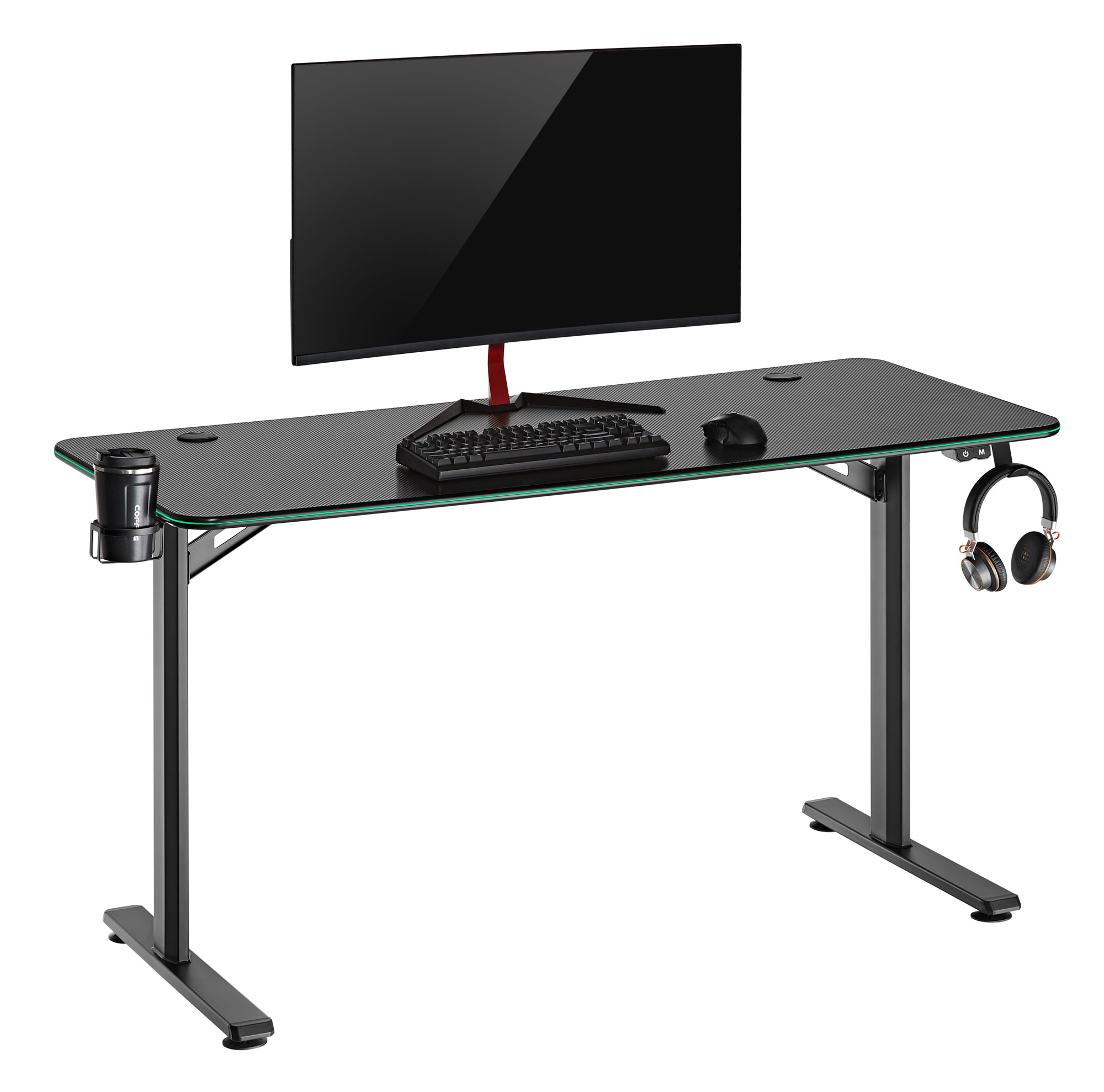 Schwarzer Gaming-Schreibtisch mit Monitor, Tastatur, Maus, Kopfhörern u. Becherhalter.
