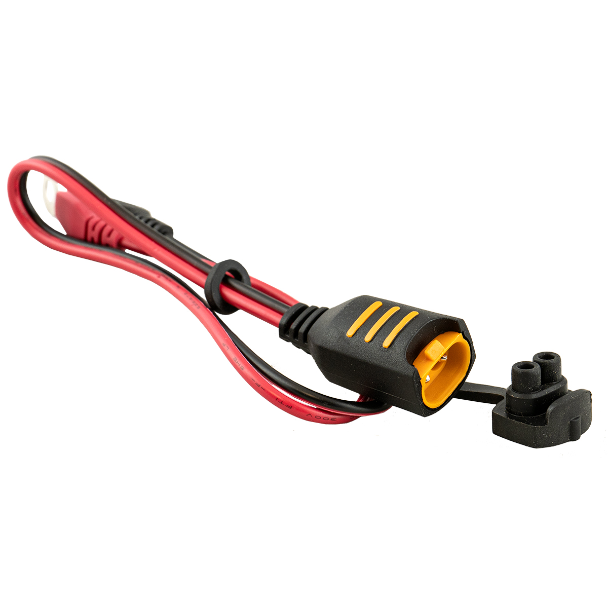 Ein schwarzes Kabel mit roten Akzenten und einem gelben Stecker.