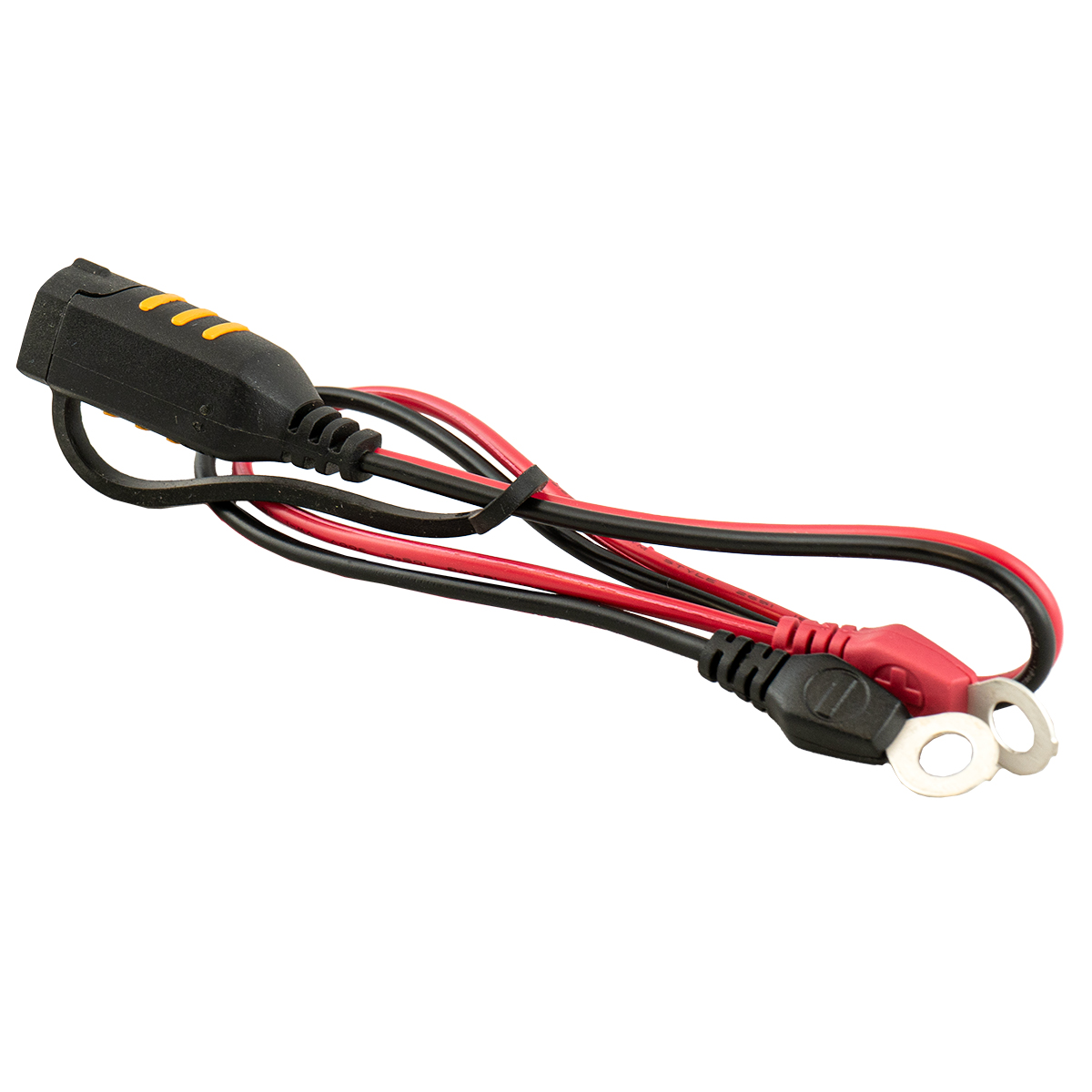 Schwarzes Kabel mit roten und schwarzen Drähten, Ringanschlüssen und gelben Markierungen.
