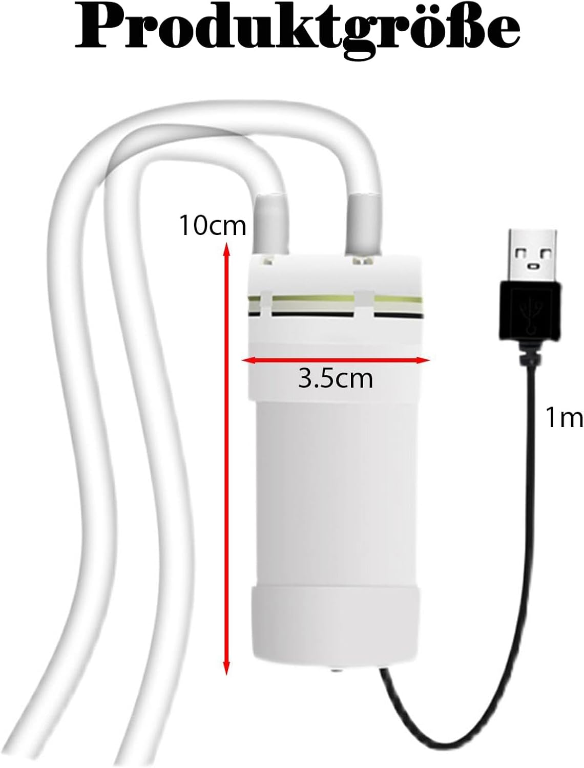 Ein weißer Schlauchadapter mit USB-Kabel und Maßangaben.